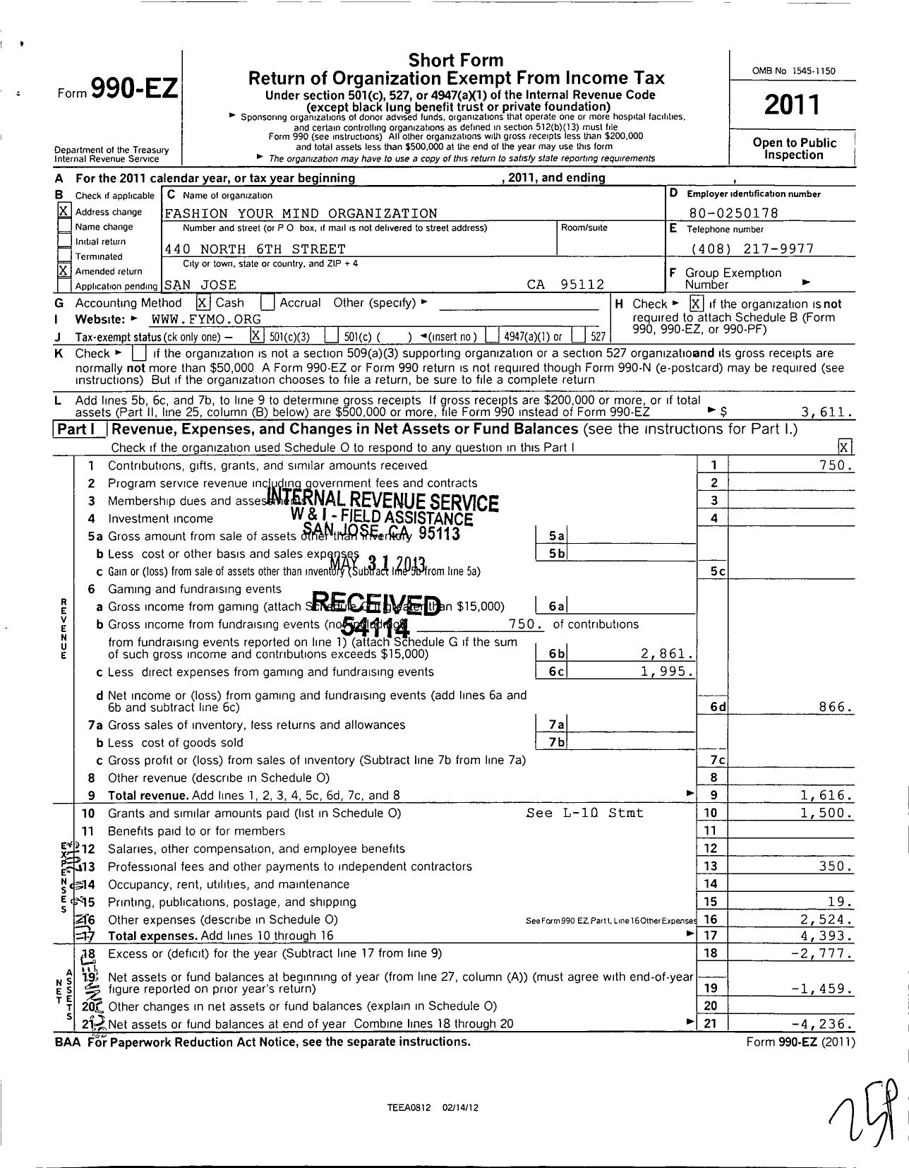 Image of first page of 2011 Form 990EZ for Fashion Your Mind Organization