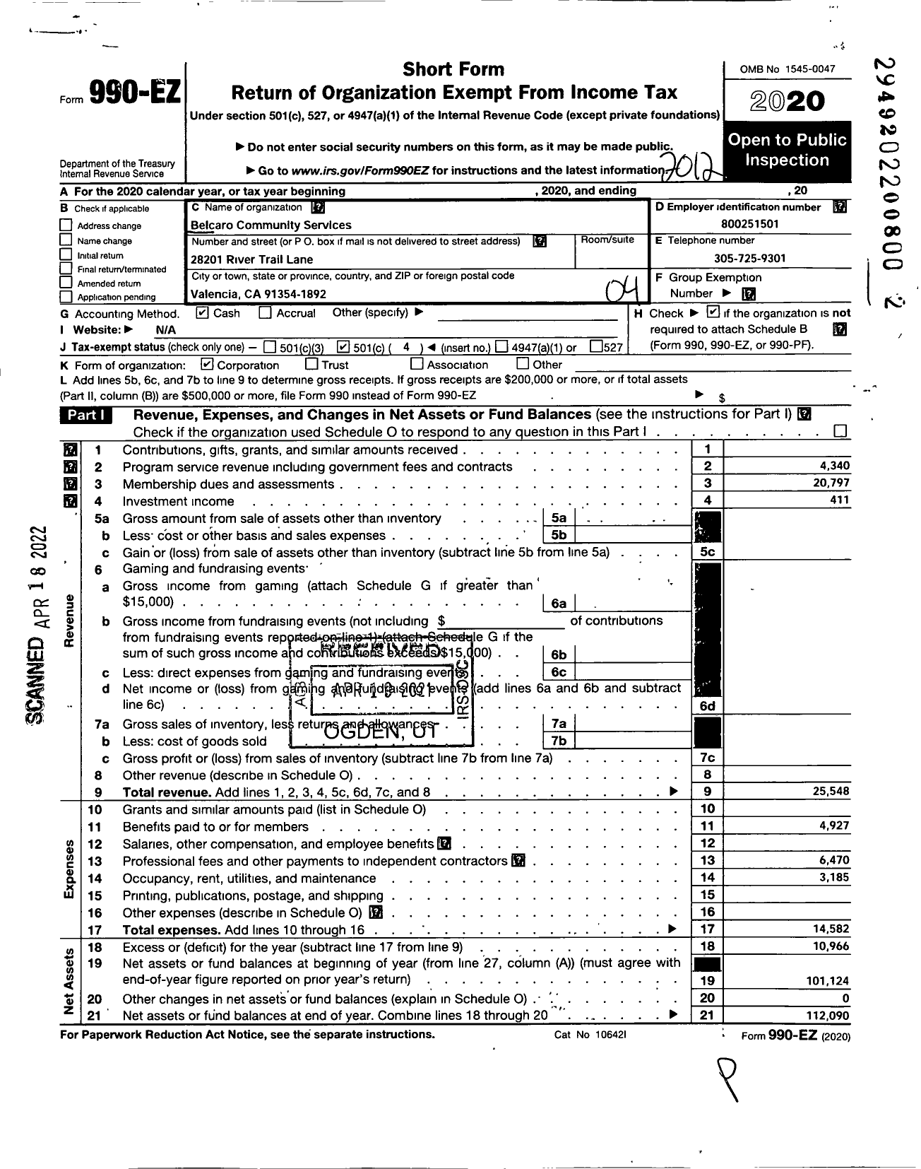 Image of first page of 2020 Form 990EO for Belcaro Community Services