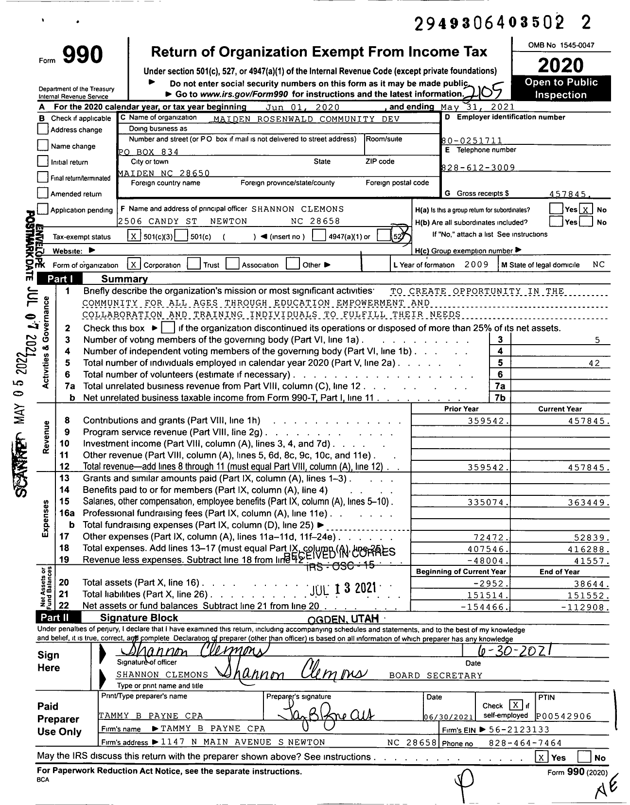 Image of first page of 2020 Form 990 for Maiden Rosenwald Community Dev