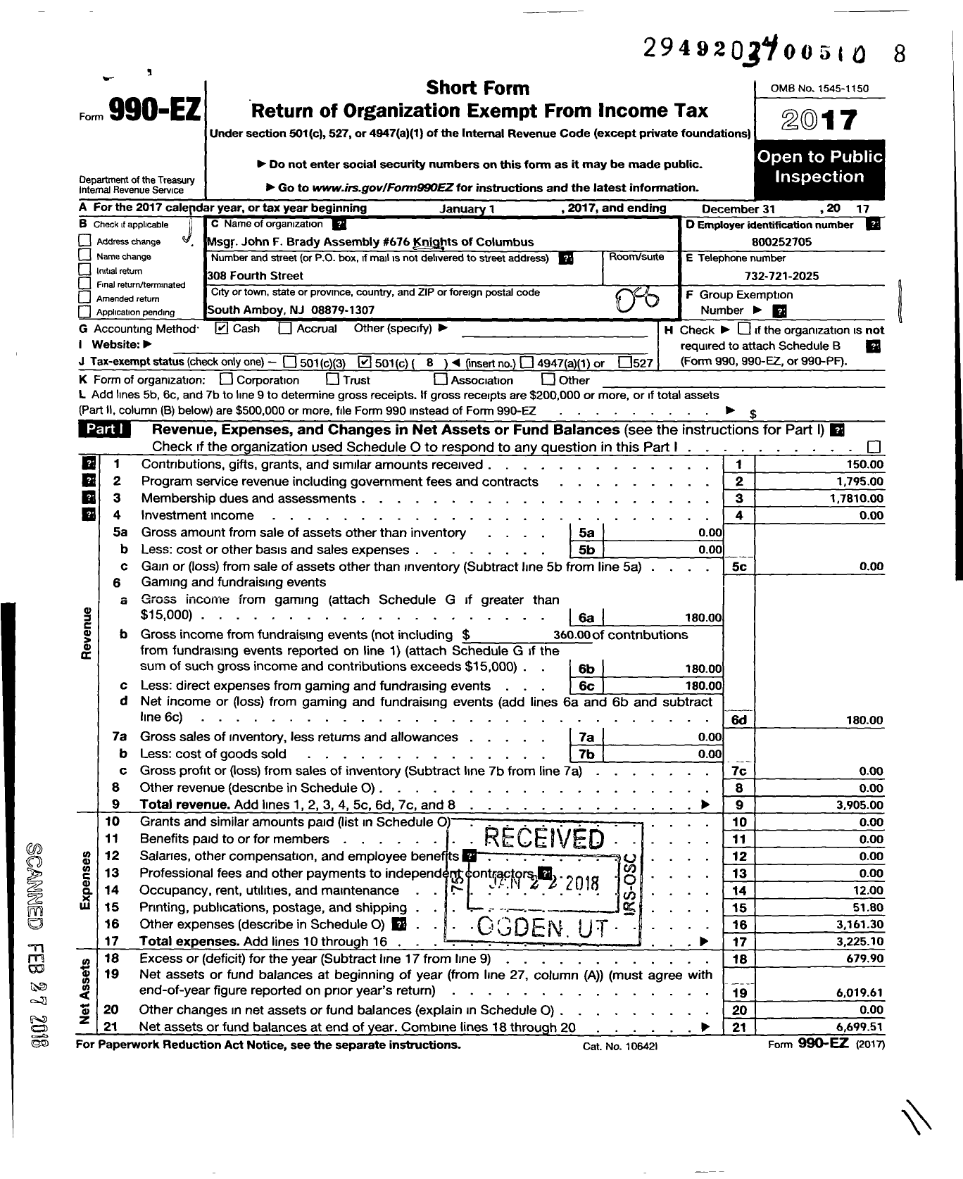 Image of first page of 2017 Form 990EO for Knights of Columbus - 0676 MSGR John F Brady Assembly