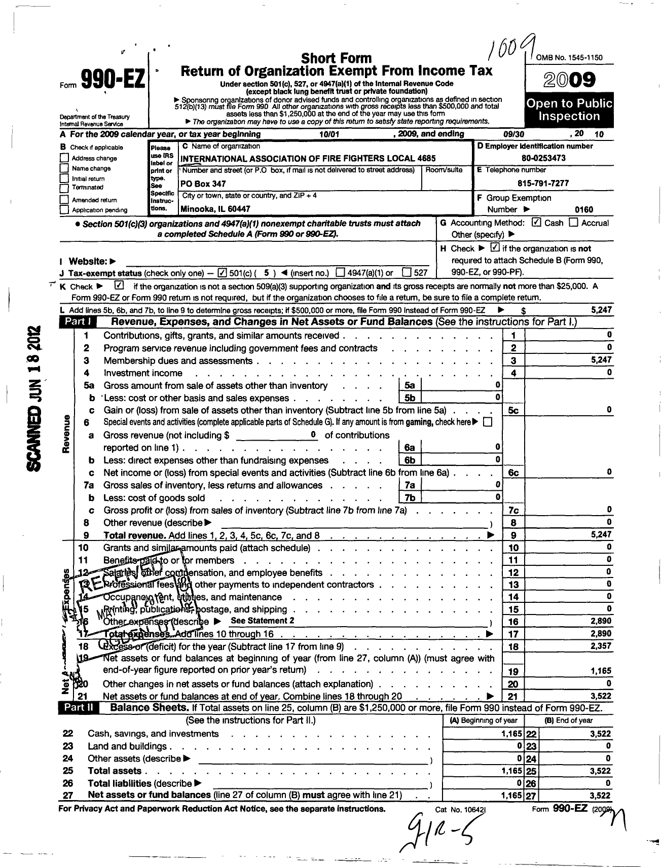 Image of first page of 2009 Form 990EO for International Association of Fire Fighters - Minooka Fire Fighters Union