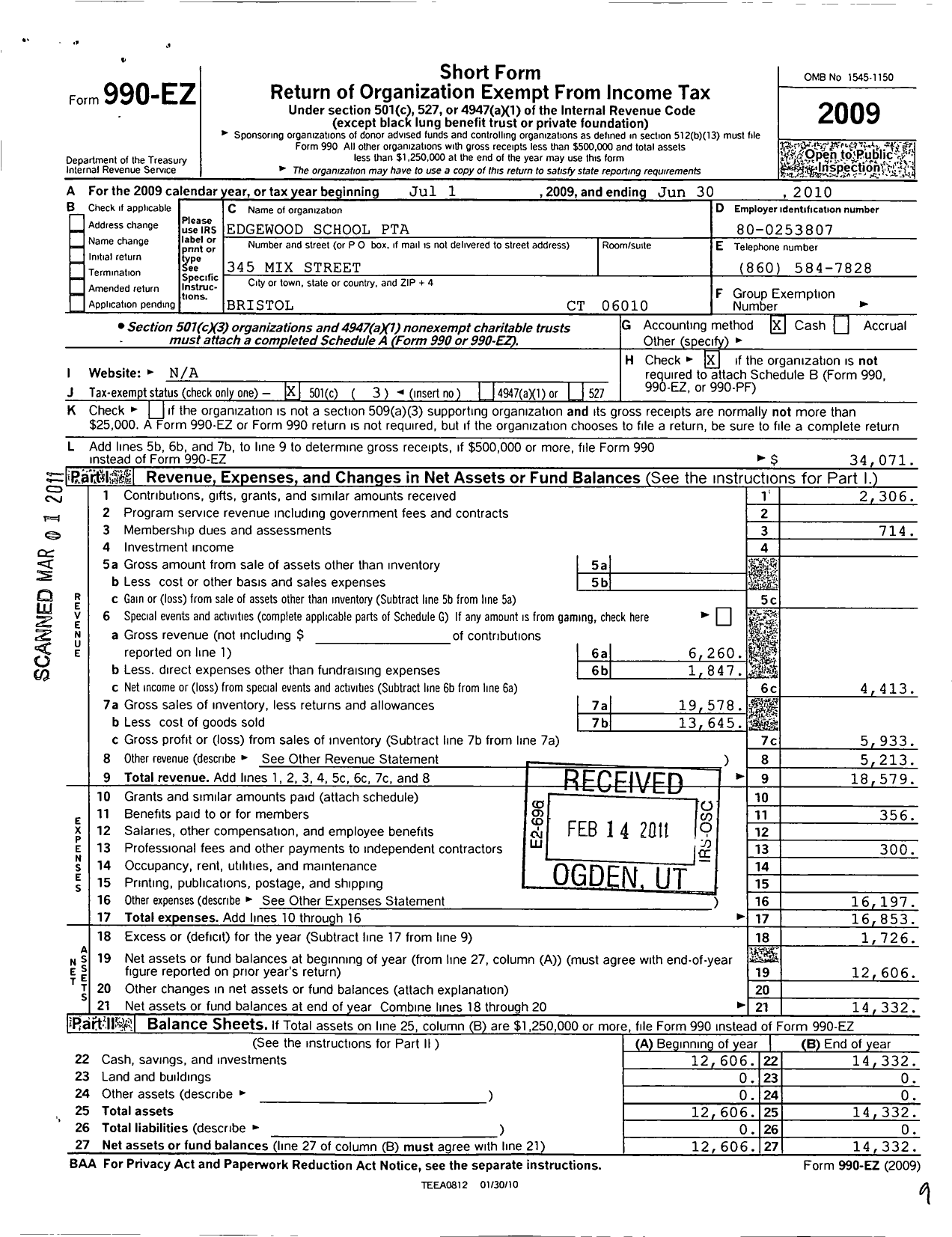 Image of first page of 2009 Form 990EZ for CT PTA - Edgewood PTA
