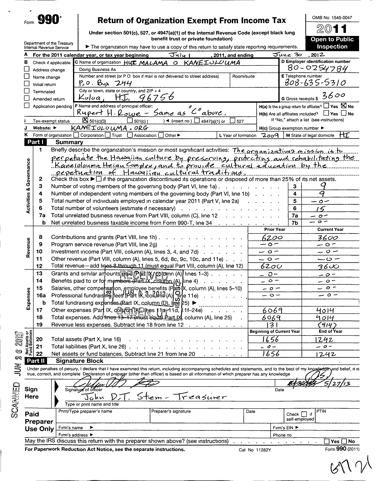 Image of first page of 2011 Form 990 for Hui Malama o Kaneiolouma