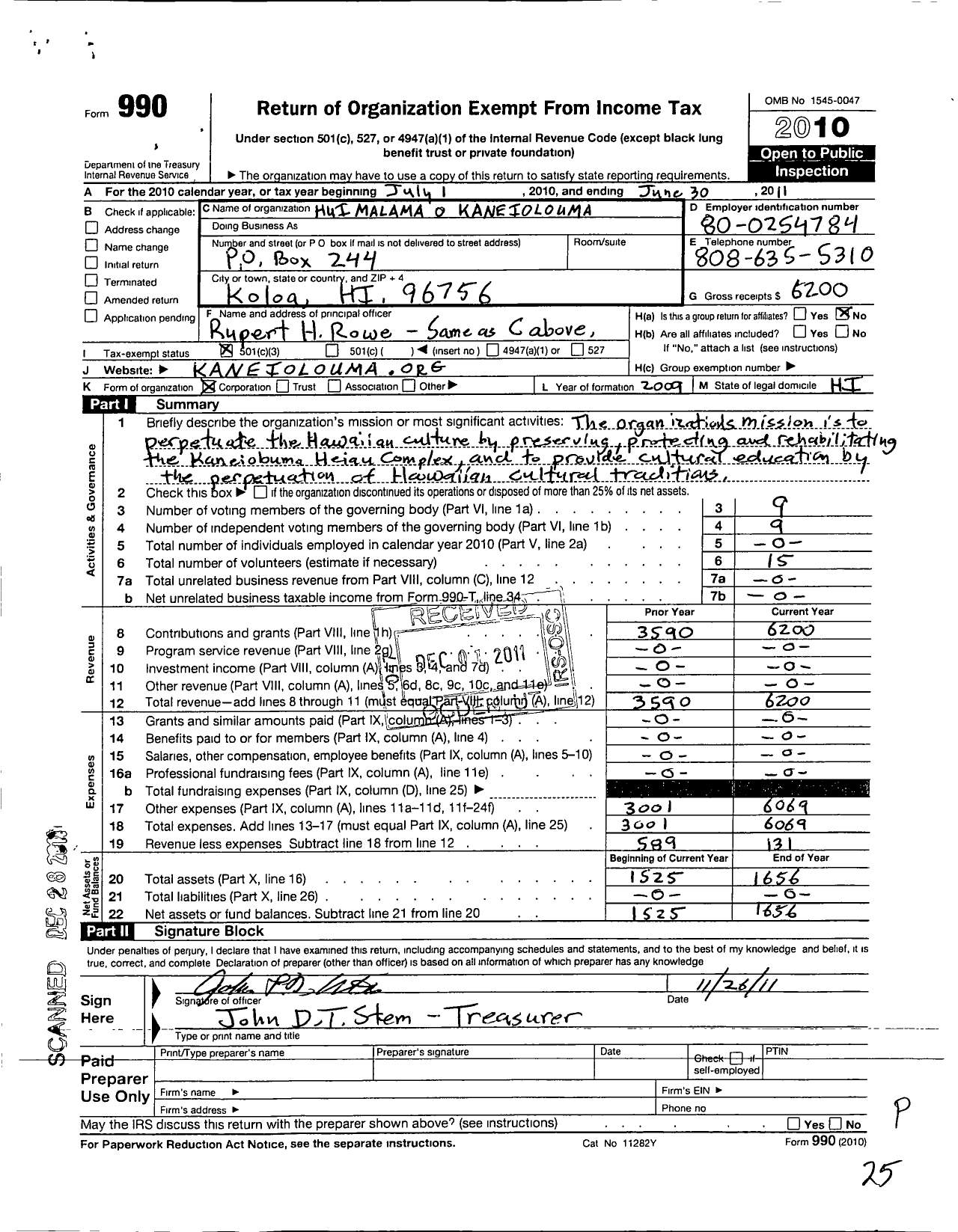 Image of first page of 2010 Form 990 for Hui Malama o Kaneiolouma