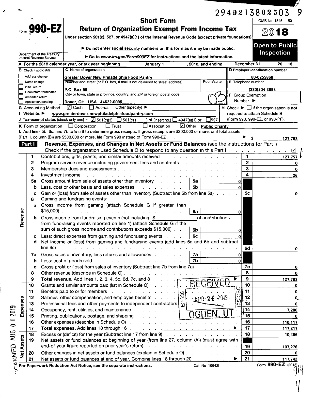 Image of first page of 2018 Form 990EZ for Greater Dover-New Philadelphia Food Pantry