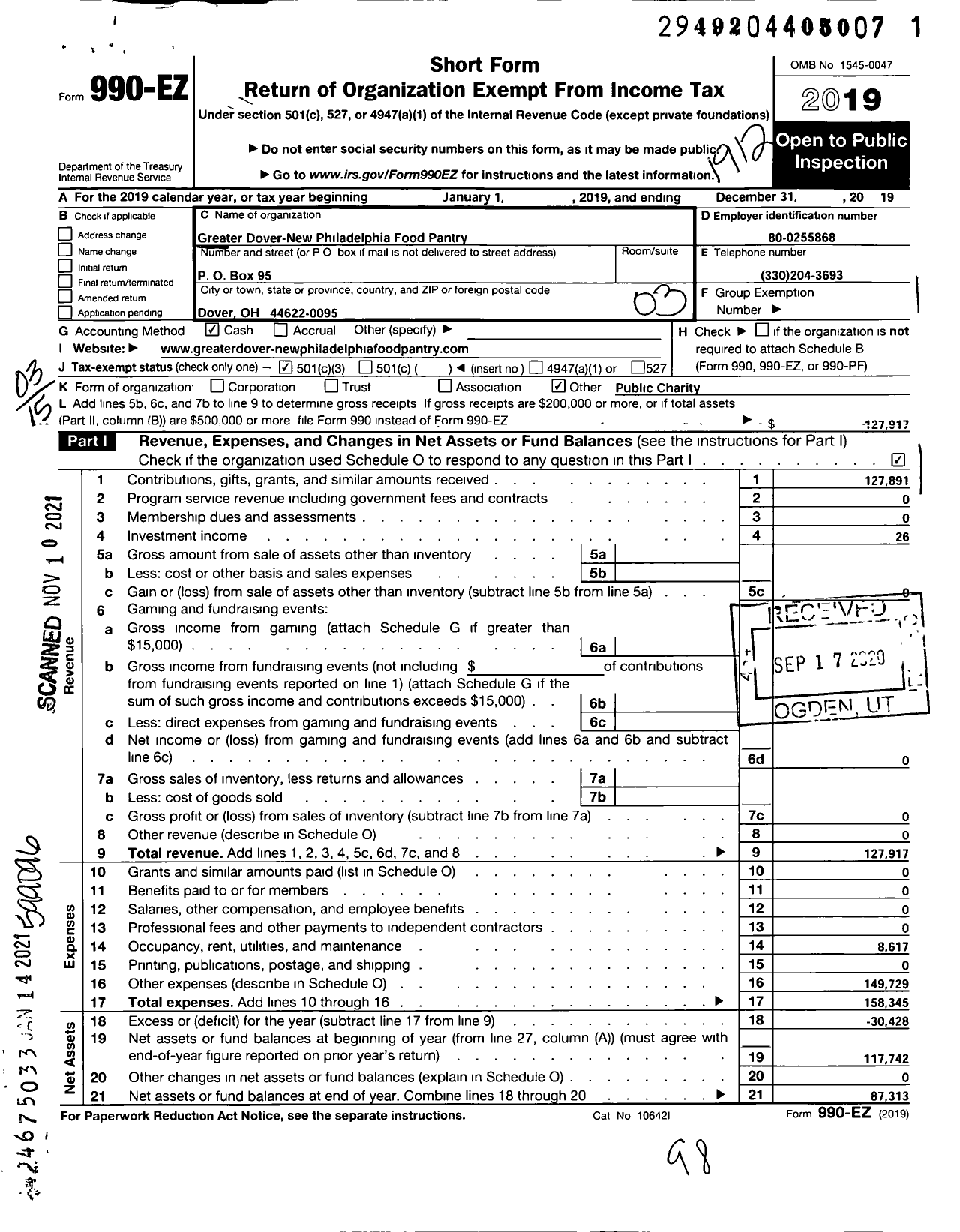 Image of first page of 2019 Form 990EZ for Greater Dover-New Philadelphia Food Pantry