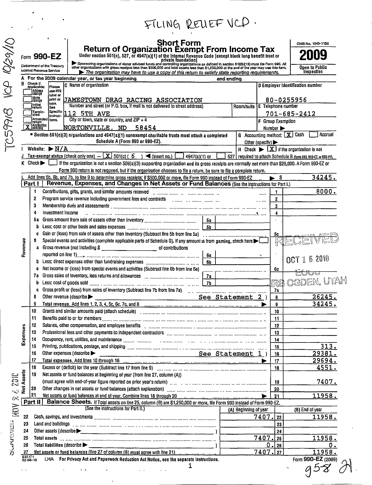 Image of first page of 2009 Form 990EO for Jamestown Drag Racing Association