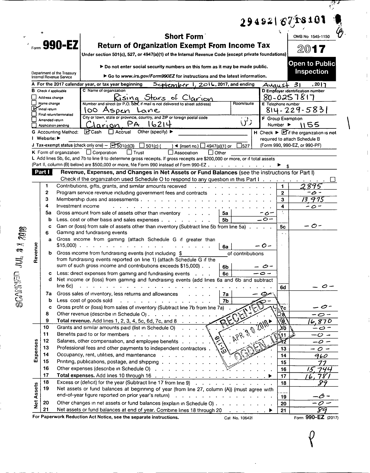 Image of first page of 2016 Form 990EZ for Amateur Athletic Union - Rising Stars of Clarion