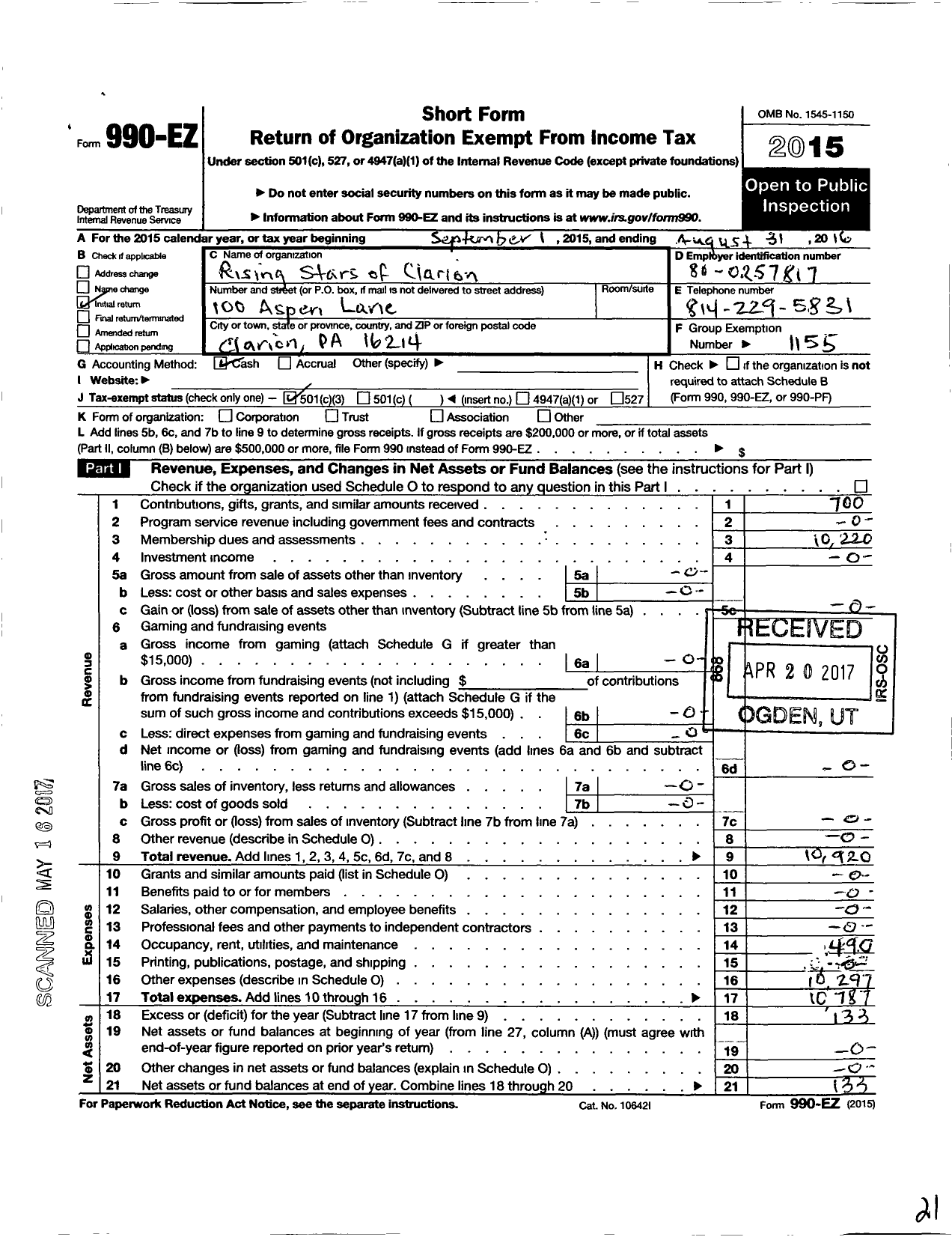 Image of first page of 2015 Form 990EZ for Amateur Athletic Union - Rising Stars of Clarion