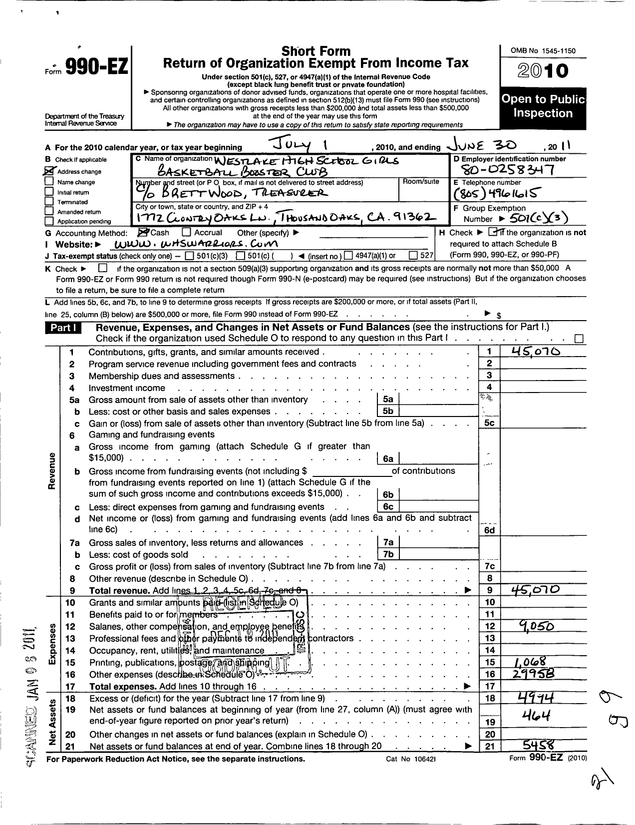 Image of first page of 2010 Form 990EO for Westlake Highschool Girls Basketball Booster Club