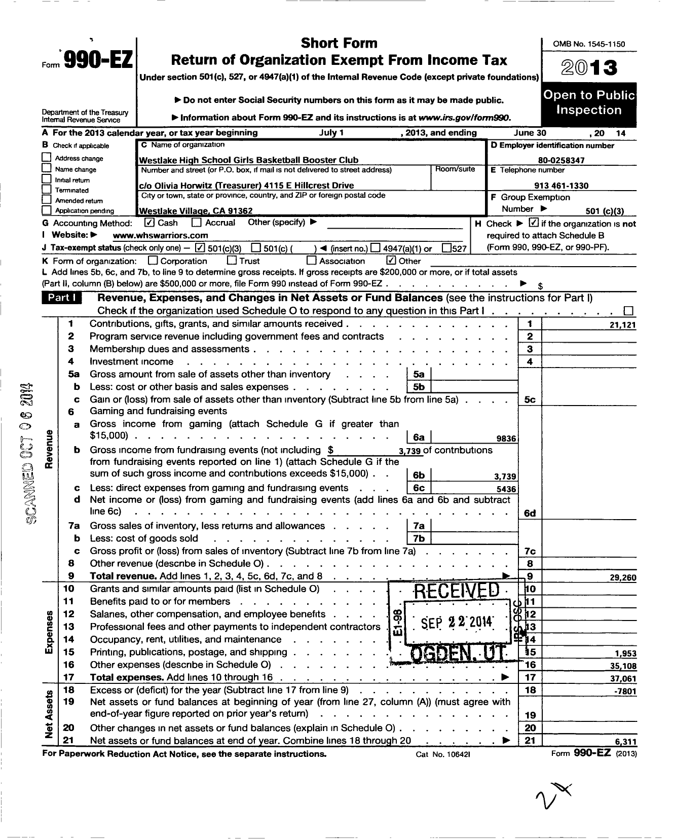 Image of first page of 2013 Form 990EZ for Westlake Highschool Girls Basketball Booster Club