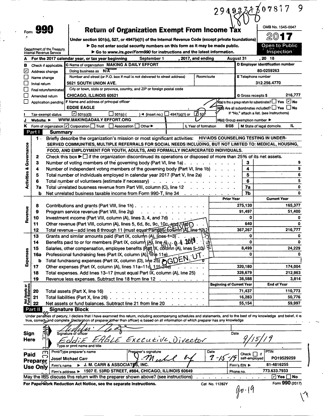 Image of first page of 2017 Form 990 for Making A Daily Effort