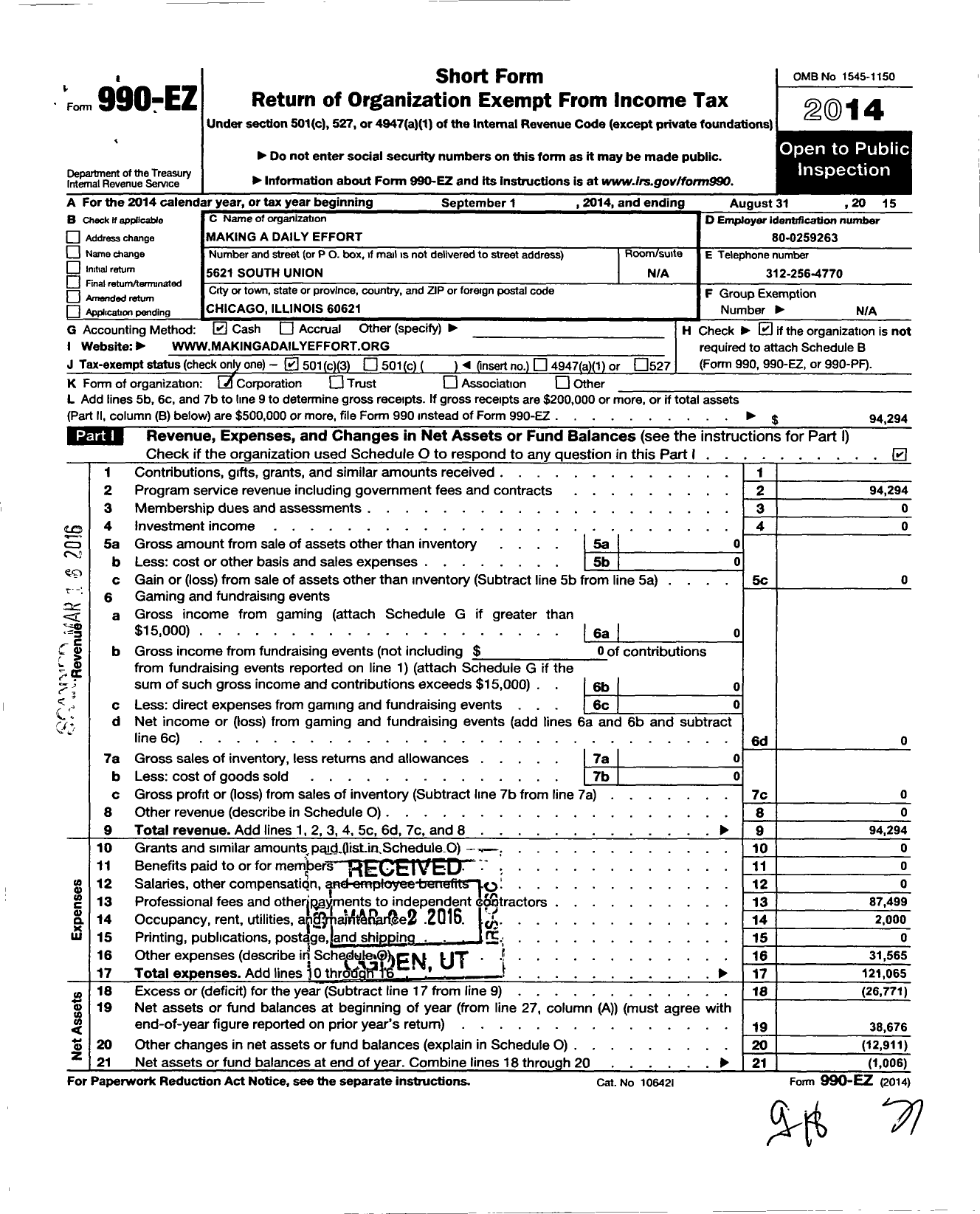 Image of first page of 2014 Form 990EZ for Making A Daily Effort