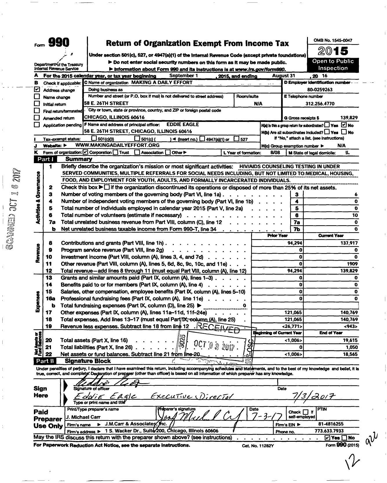 Image of first page of 2015 Form 990O for Making A Daily Effort