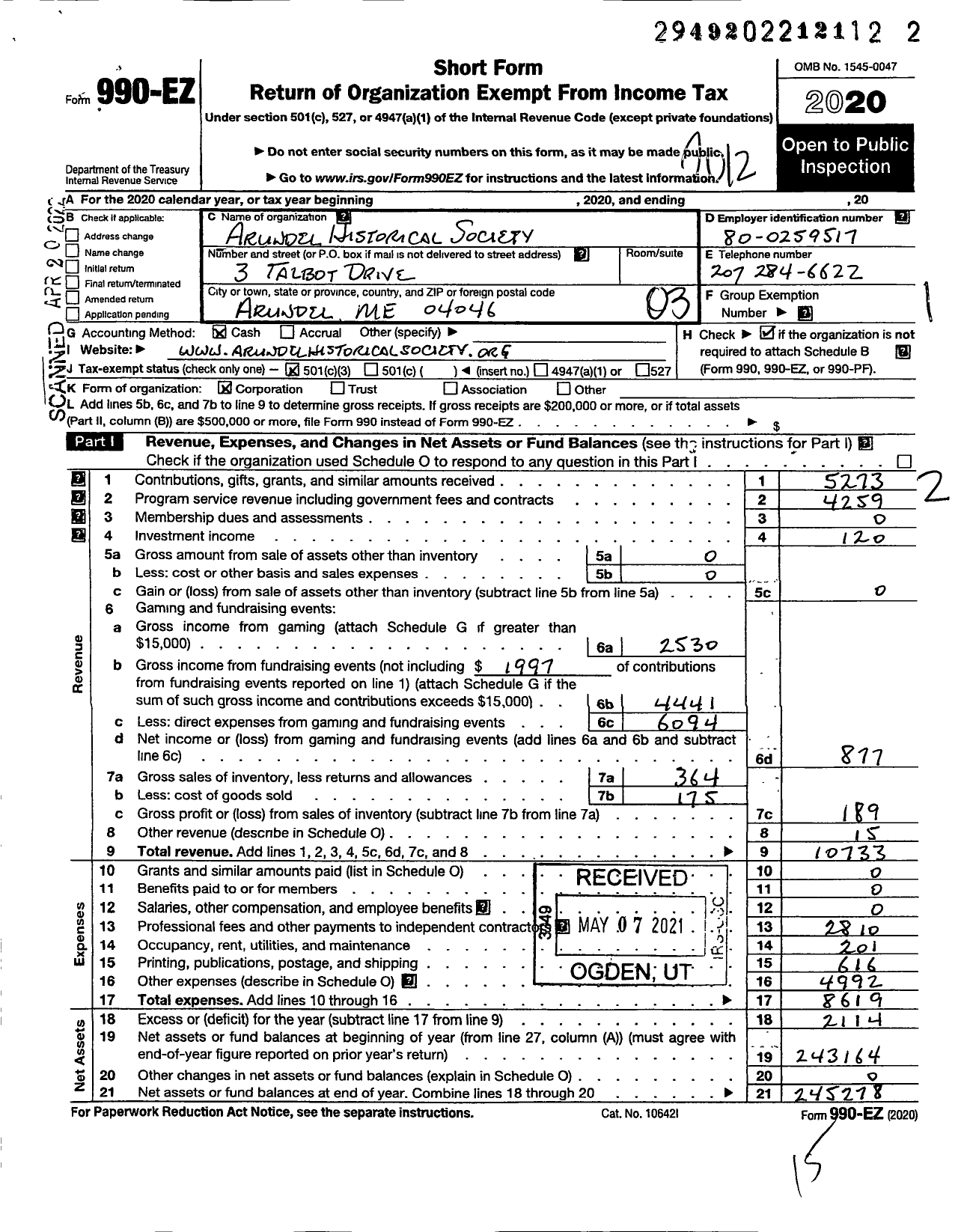 Image of first page of 2020 Form 990EZ for Arundel Historical Society