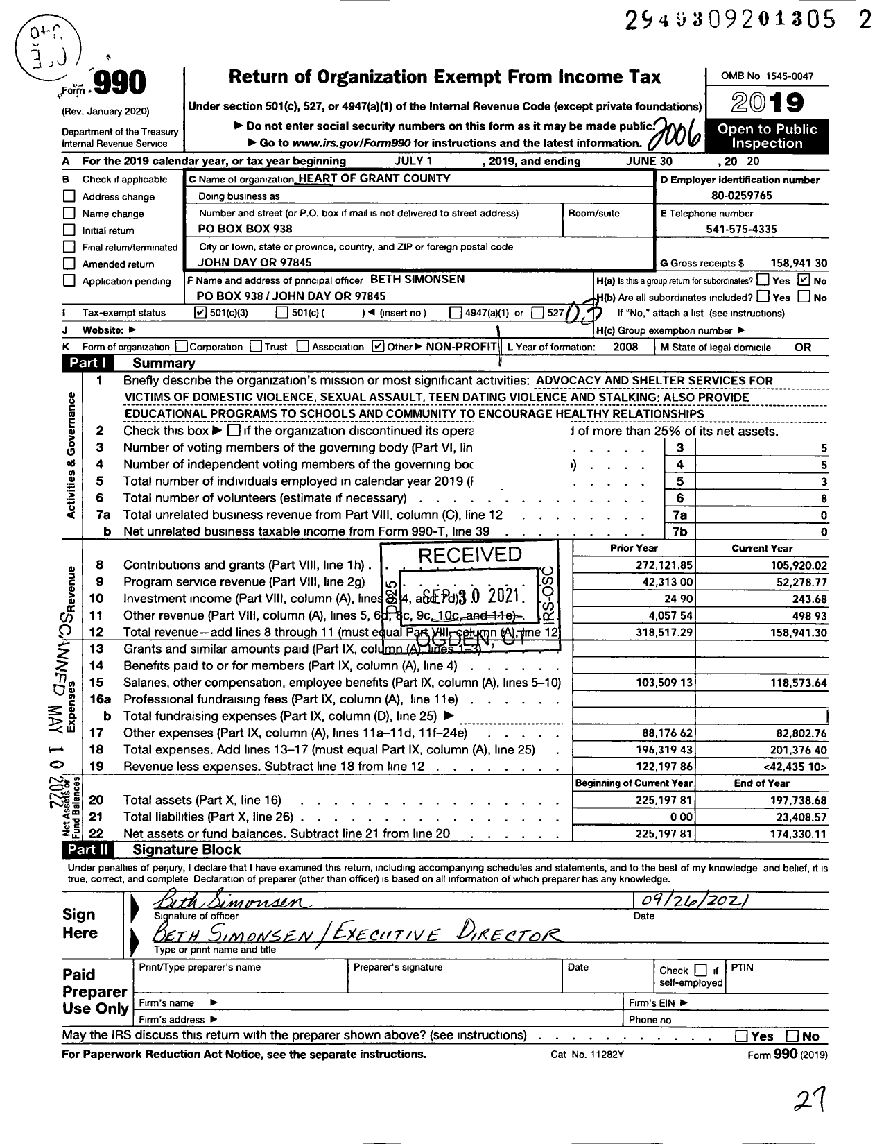 Image of first page of 2019 Form 990 for Heart of Grant County