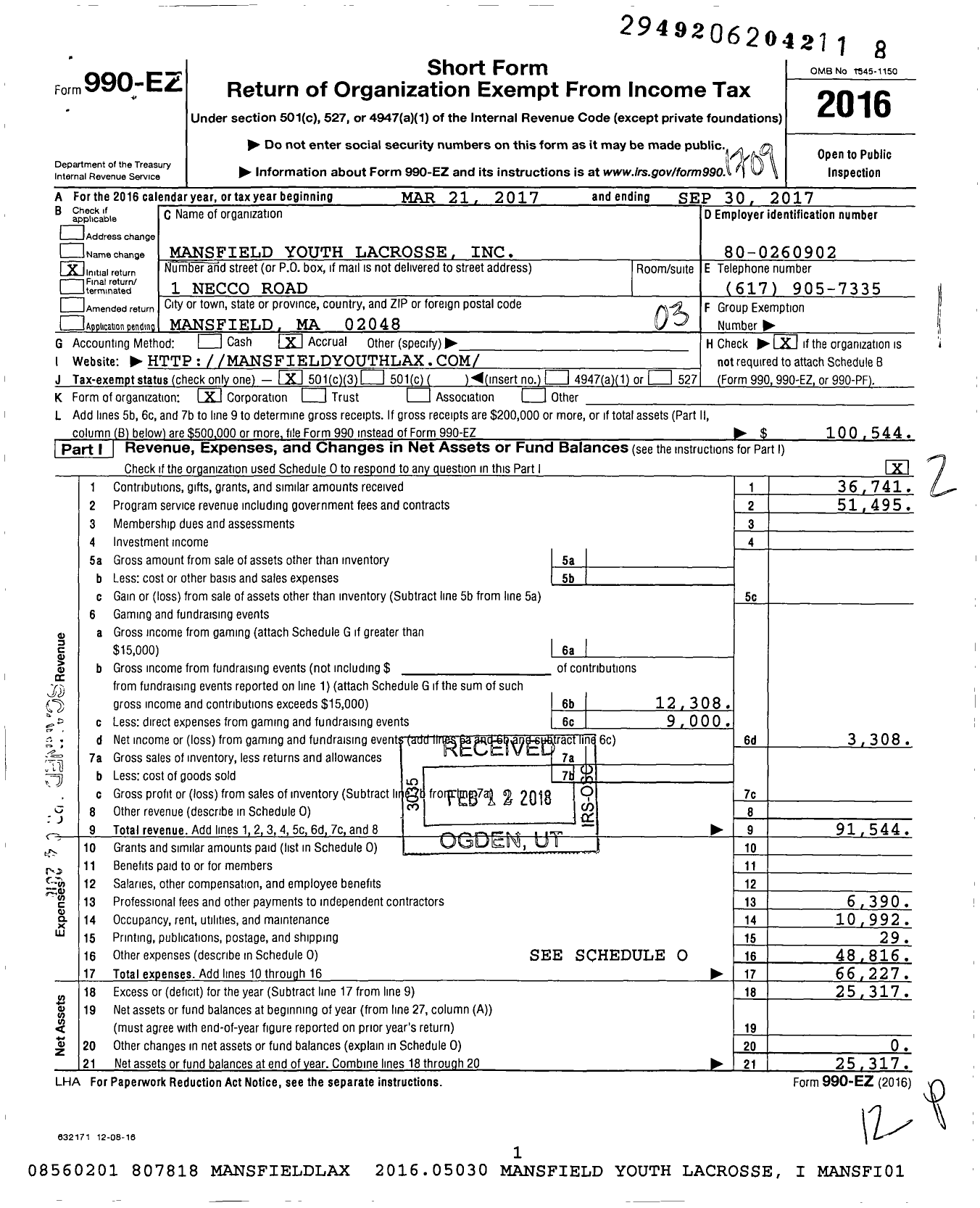 Image of first page of 2016 Form 990EZ for Mansfield Youth Lacrosse