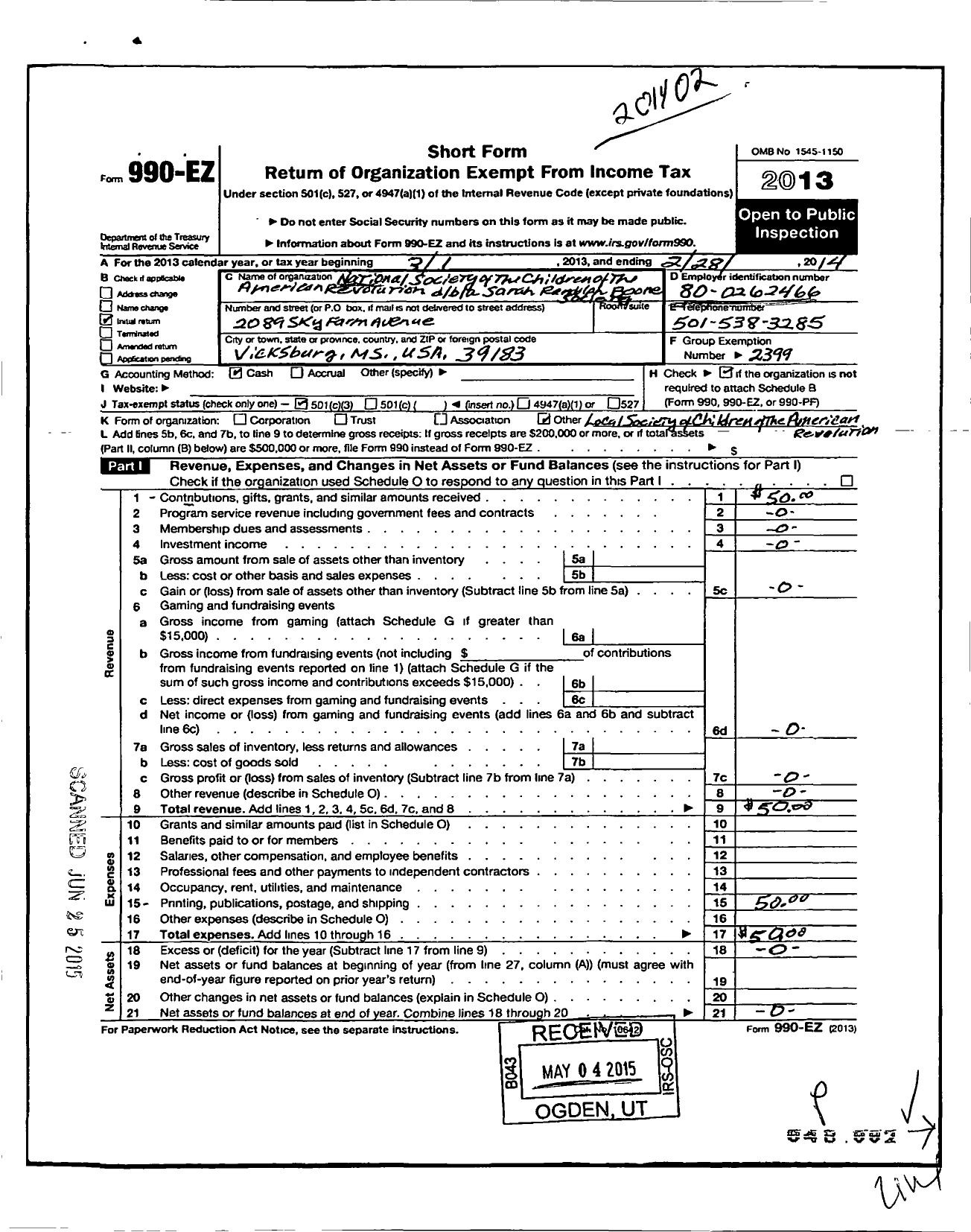 Image of first page of 2013 Form 990EZ for National Society of the Children of the American Revolution / Sarah Randolph Boone