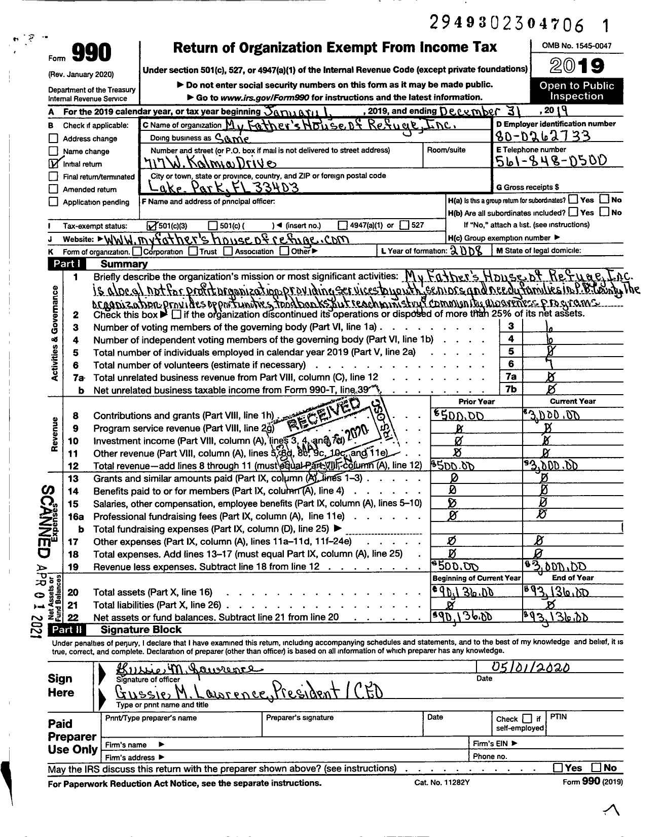 Image of first page of 2019 Form 990 for My Fathers House of Refuge