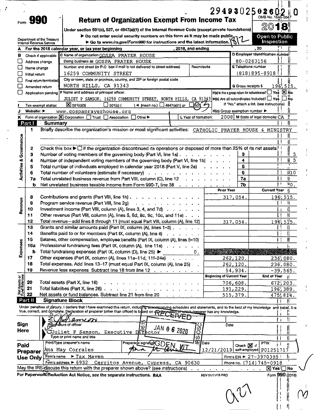 Image of first page of 2018 Form 990 for Gospa Prayer House