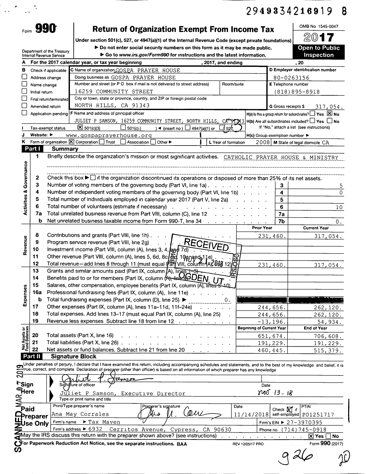 Image of first page of 2017 Form 990 for Gospa Prayer House