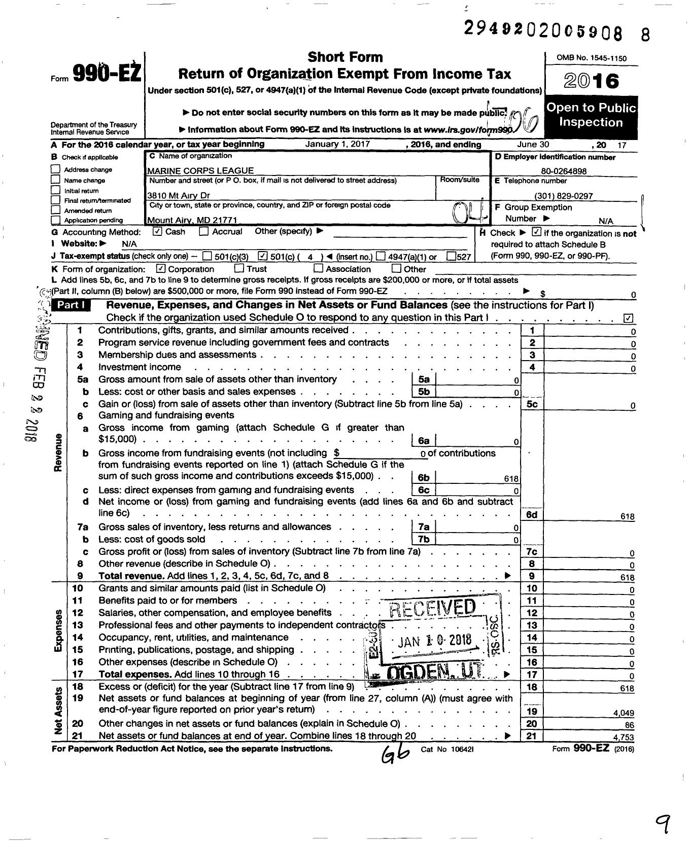 Image of first page of 2016 Form 990EO for Marine Corps League - Department of Maryland Mcla