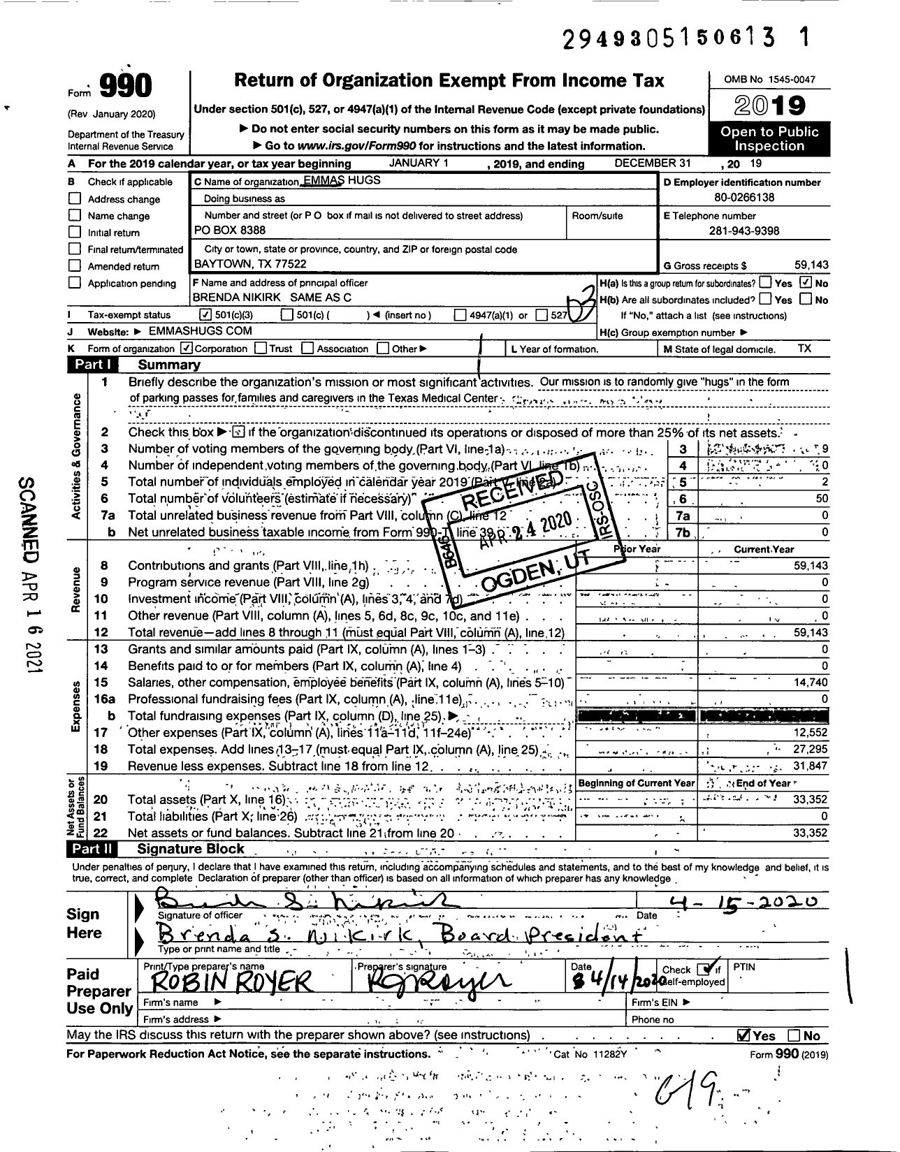 Image of first page of 2019 Form 990 for Emmas Hugs