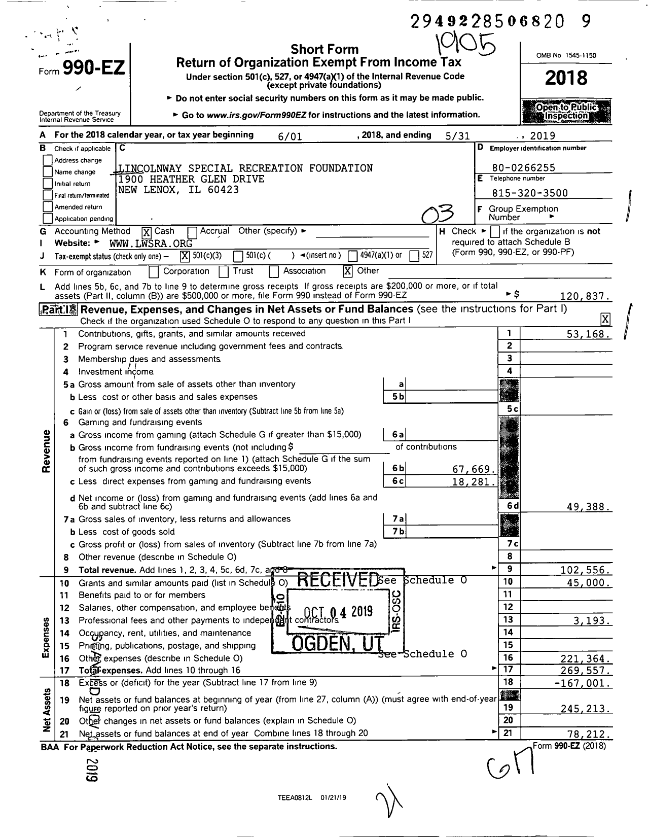 Image of first page of 2018 Form 990EZ for Lincolnway Special Recreation Foundation