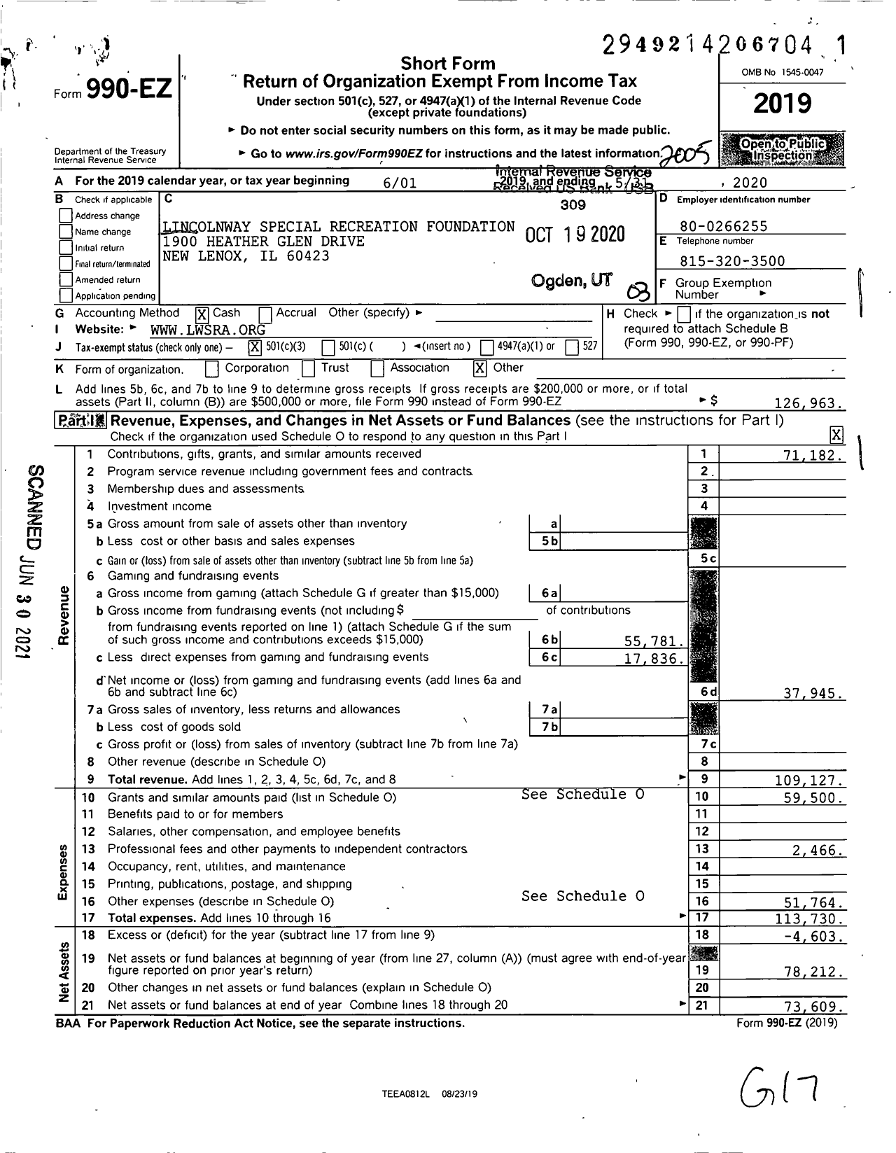 Image of first page of 2019 Form 990EZ for Lincolnway Special Recreation Foundation