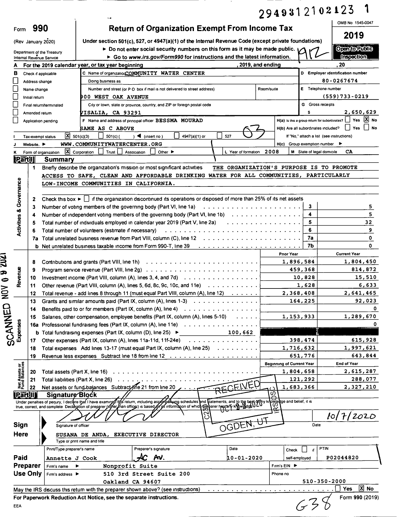 Image of first page of 2019 Form 990 for Community Water Center (CWC)