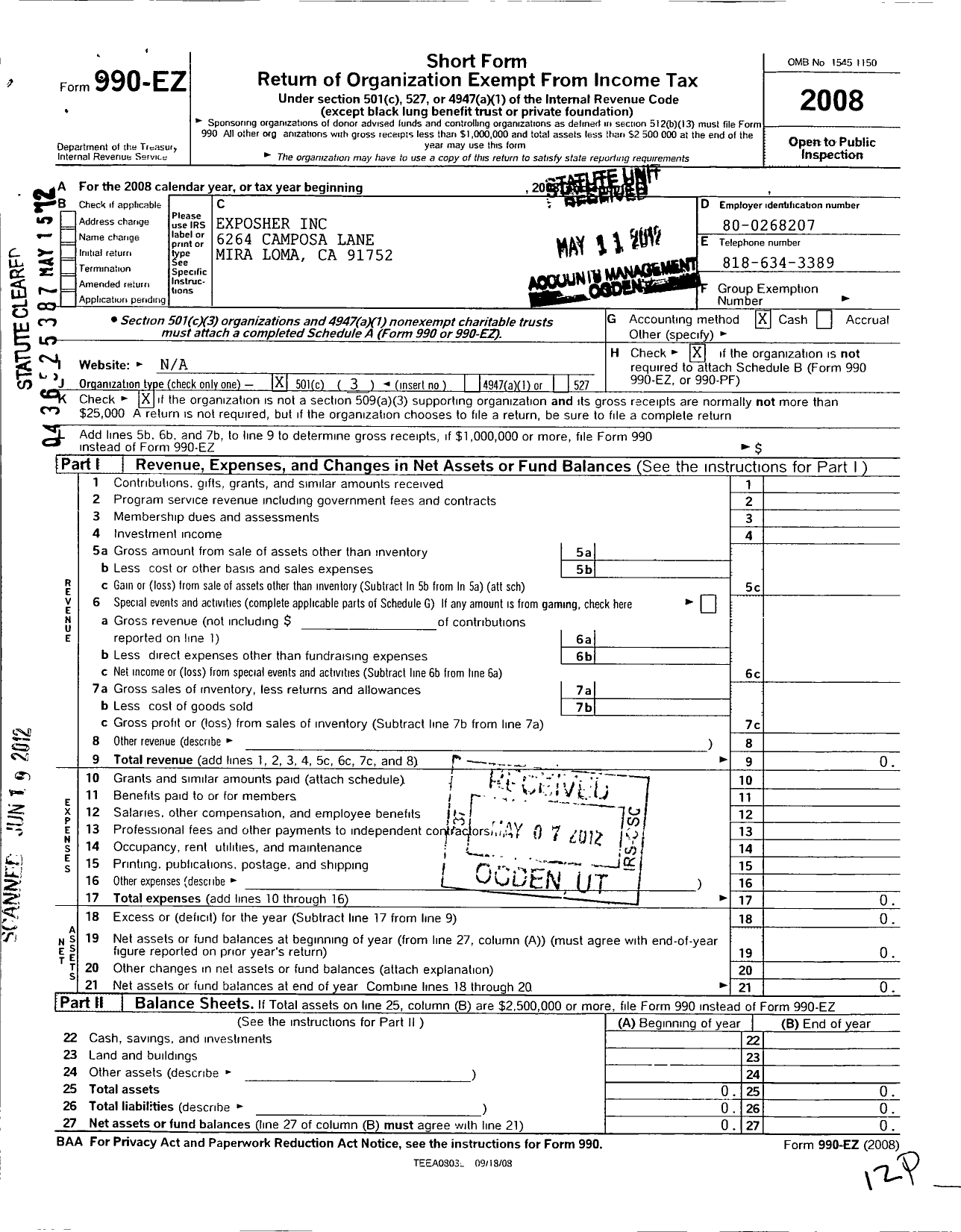 Image of first page of 2008 Form 990EZ for Exposher