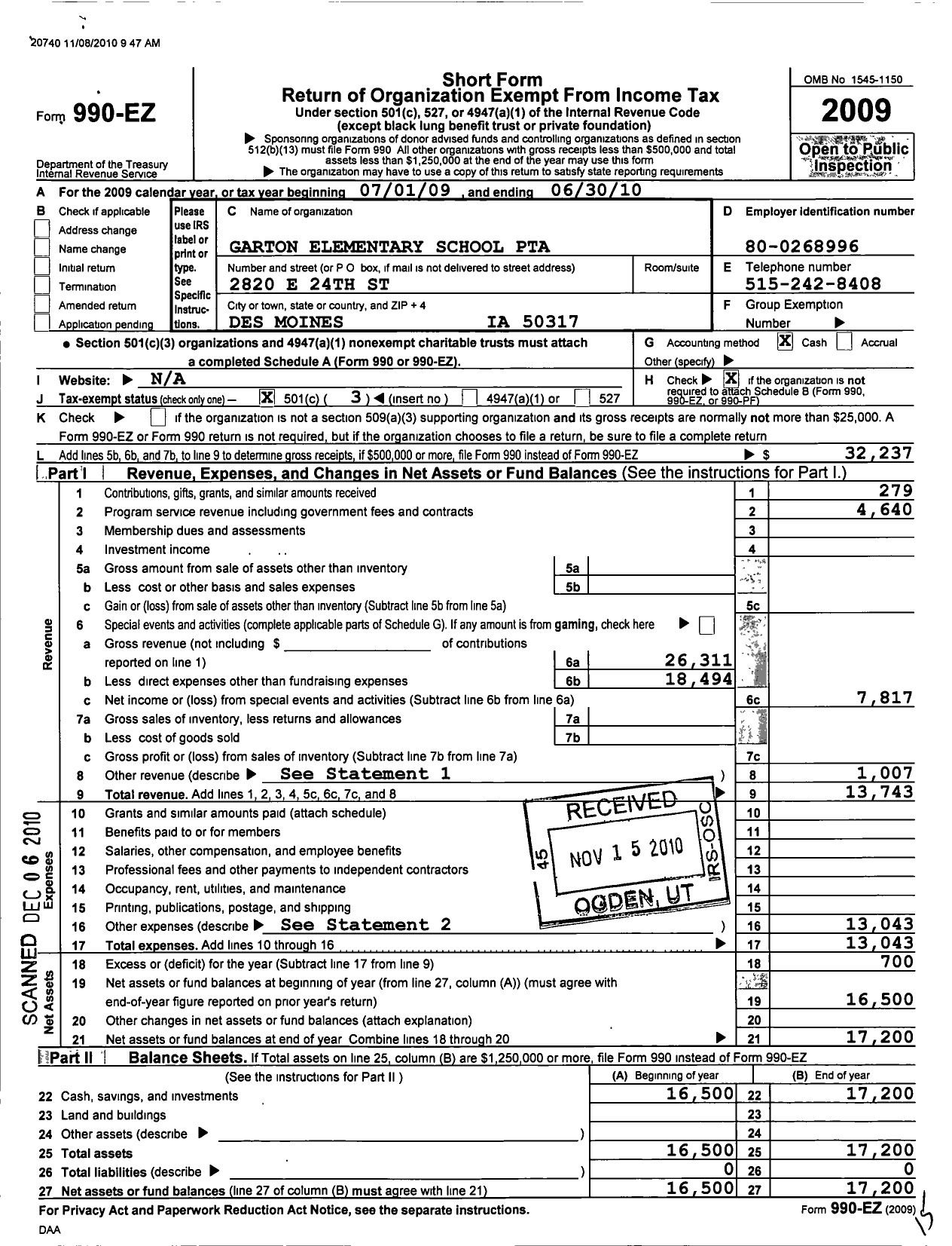 Image of first page of 2009 Form 990EZ for PTA Iowa Congress / Garton Elementary PTA