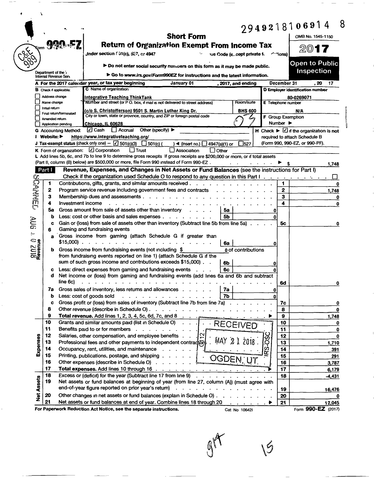 Image of first page of 2017 Form 990EZ for Integrative Teaching Think Tank