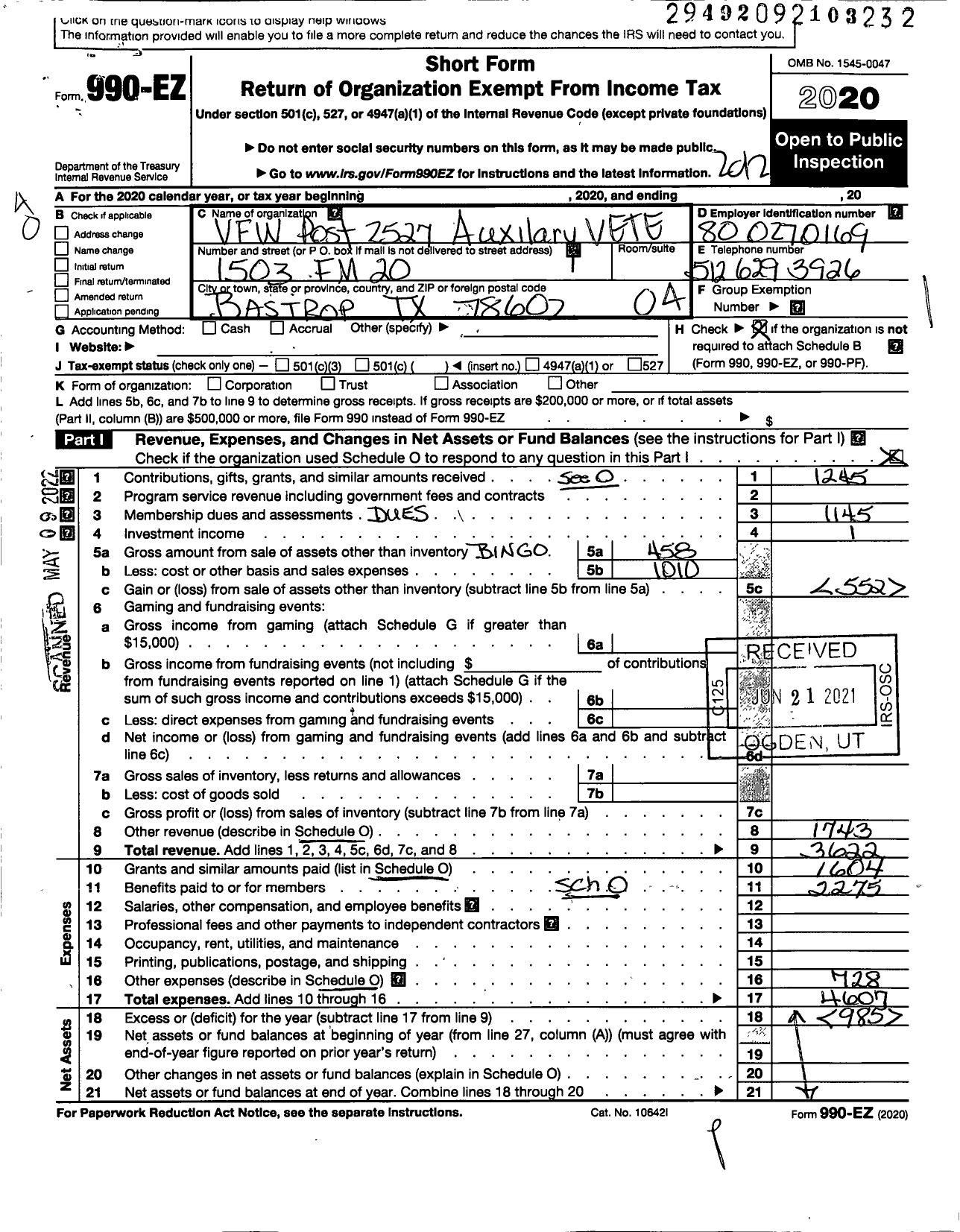 Image of first page of 2020 Form 990EO for Veterans of Foreign Wars of the Us Dept of Texas Auxiliary - 2527 Ernest Bartsch VFW Auxiliary