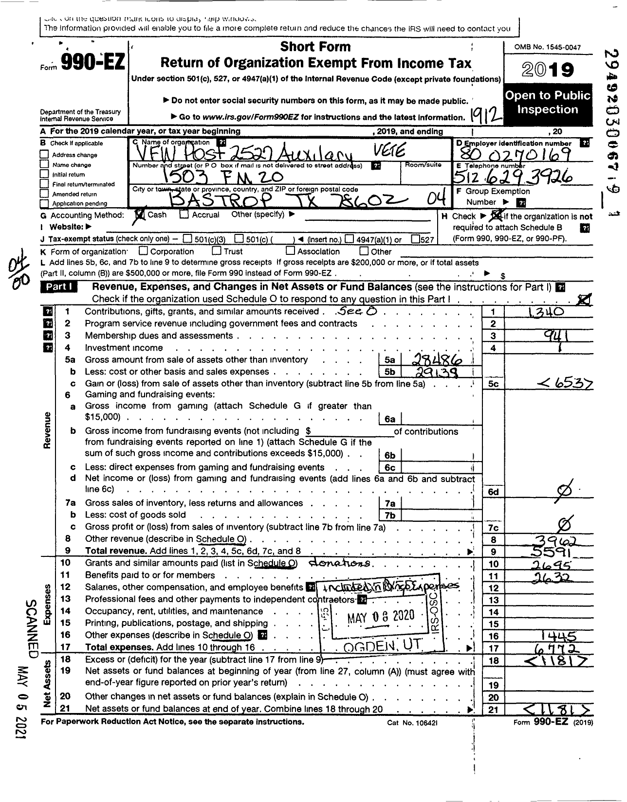 Image of first page of 2019 Form 990EO for Veterans of Foreign Wars of the Us Dept of Texas Auxiliary - 2527 Ernest Bartsch VFW Auxiliary