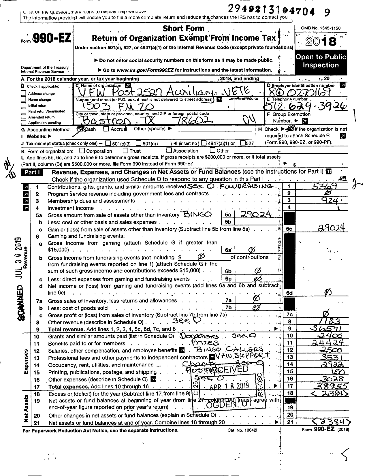 Image of first page of 2018 Form 990EO for Veterans of Foreign Wars of the Us Dept of Texas Auxiliary - 2527 Ernest Bartsch VFW Auxiliary