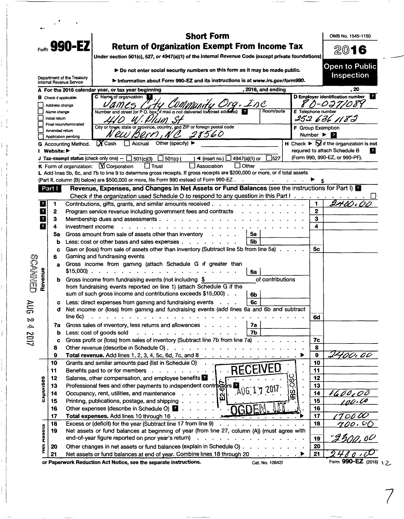 Image of first page of 2016 Form 990EO for James City Community Organization