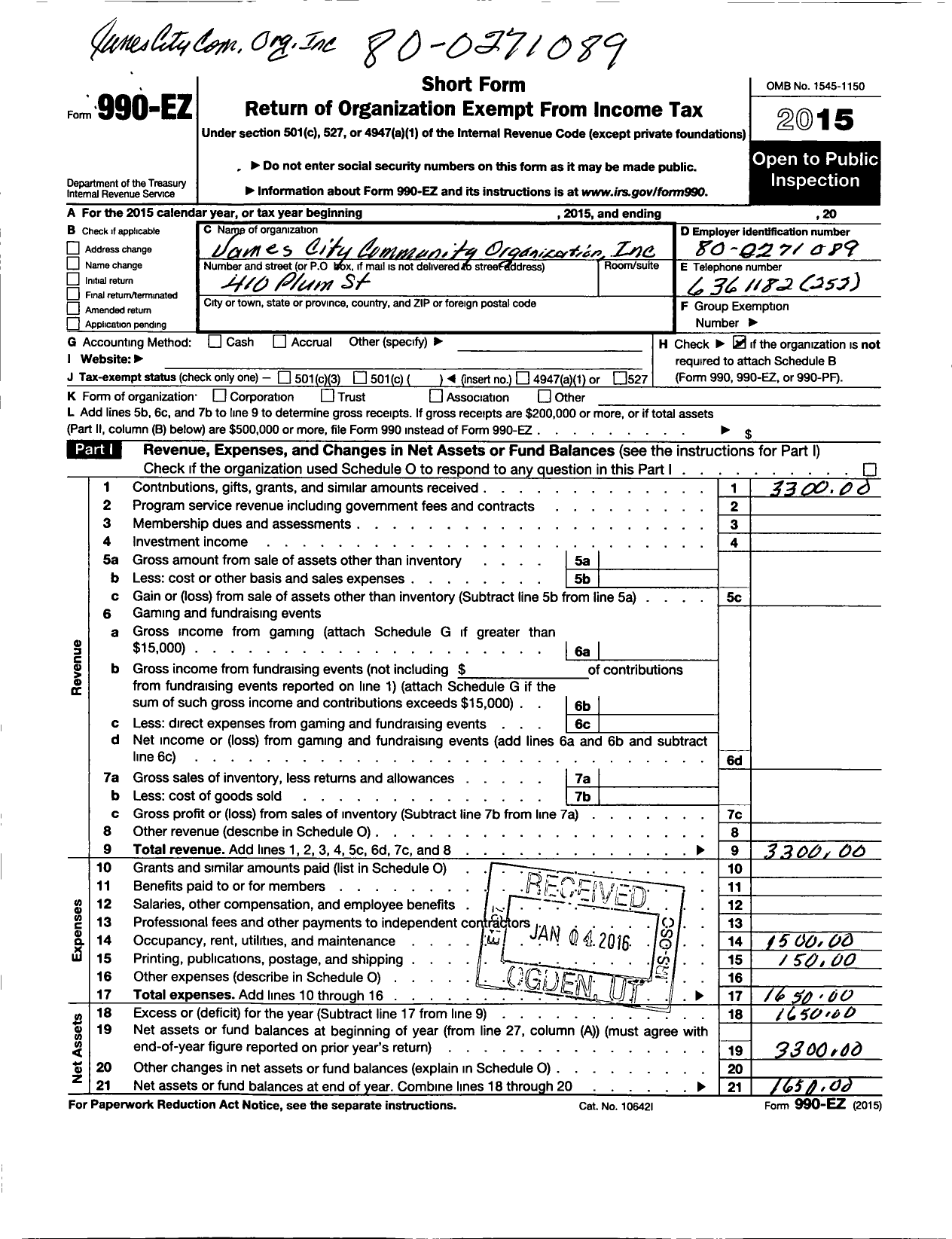 Image of first page of 2014 Form 990EO for James City Community Organization