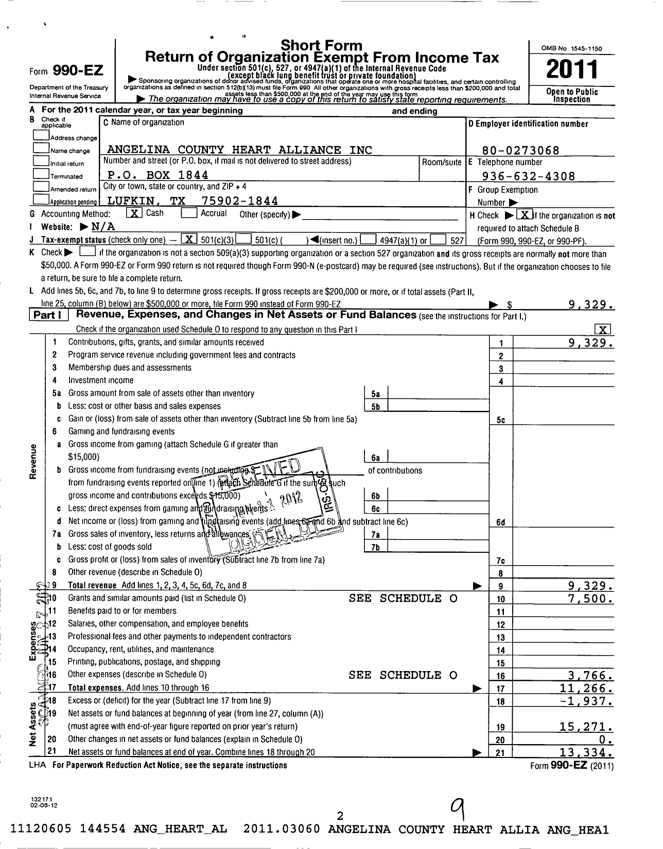 Image of first page of 2011 Form 990EZ for Angelina County Heart Alliance