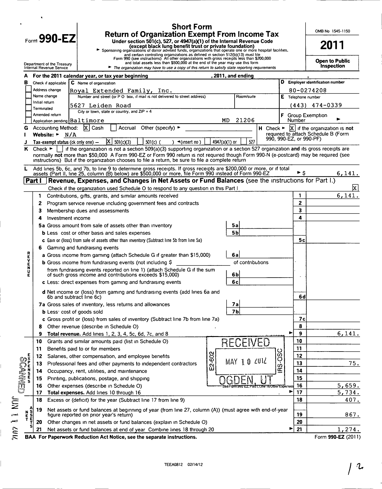 Image of first page of 2011 Form 990EZ for Royal Extended Family