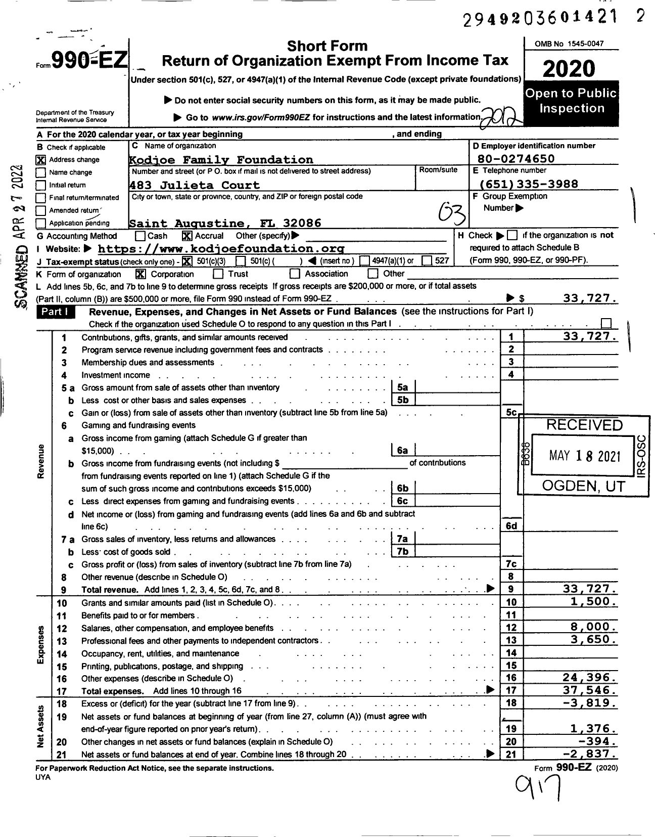 Image of first page of 2020 Form 990EZ for Kodjoe Family Foundation