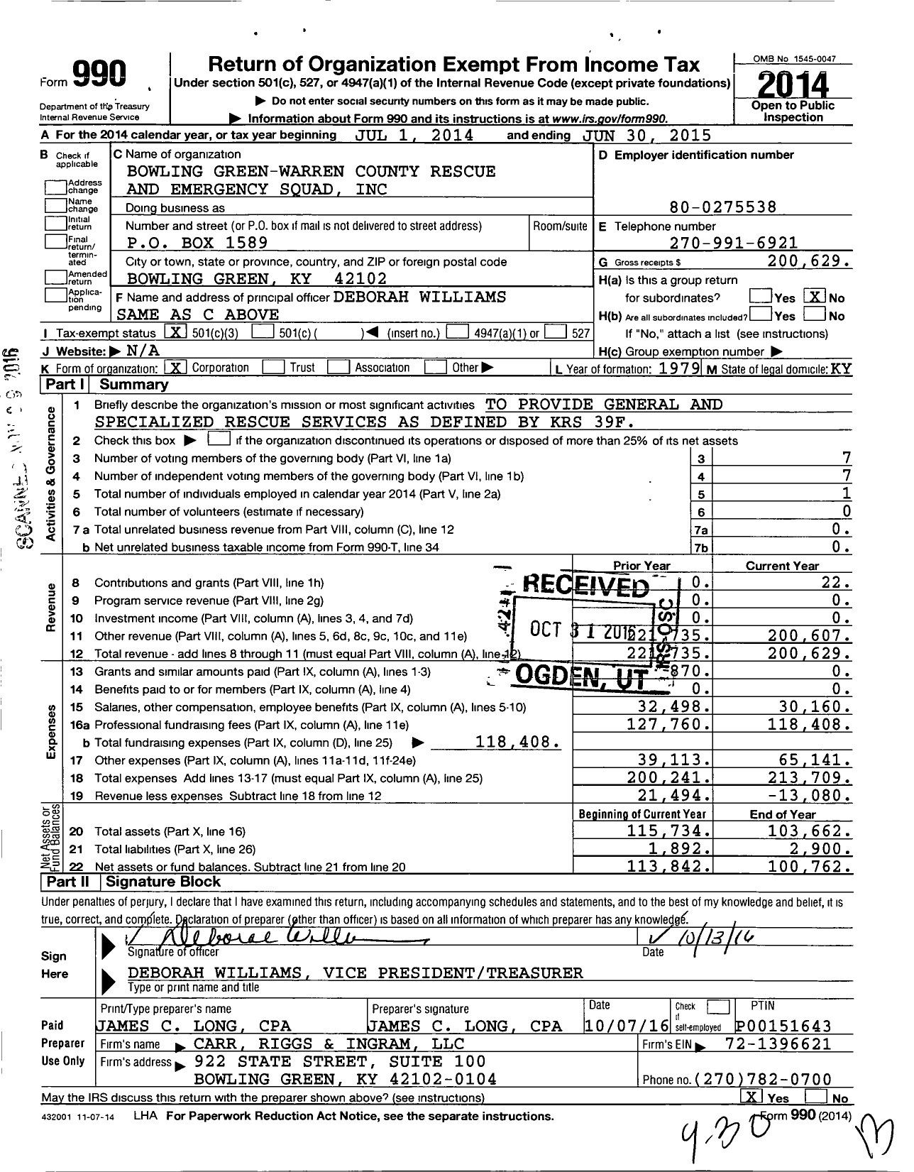 Image of first page of 2014 Form 990 for Bowling Green-Warren County Rescue and Emergency Squad