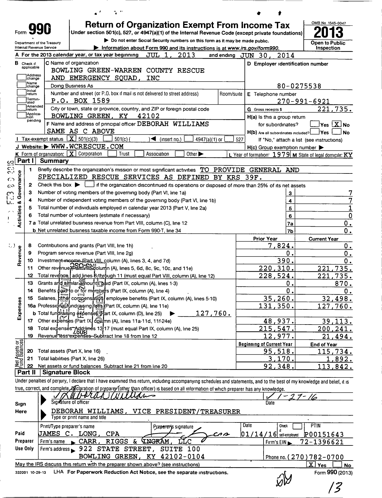 Image of first page of 2013 Form 990 for Bowling Green-Warren County Rescue and Emergency Squad