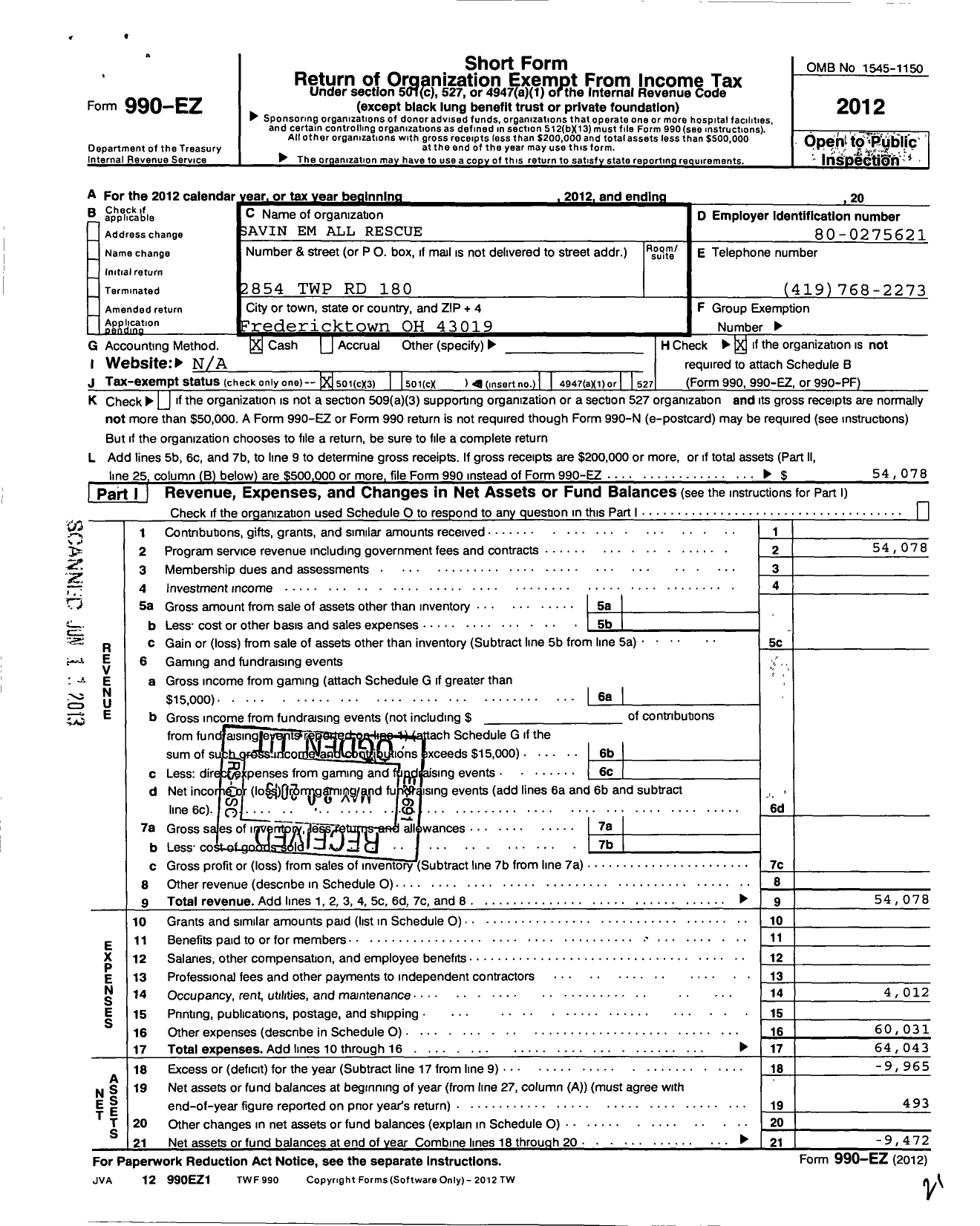 Image of first page of 2012 Form 990EZ for Savin Em All Rescue