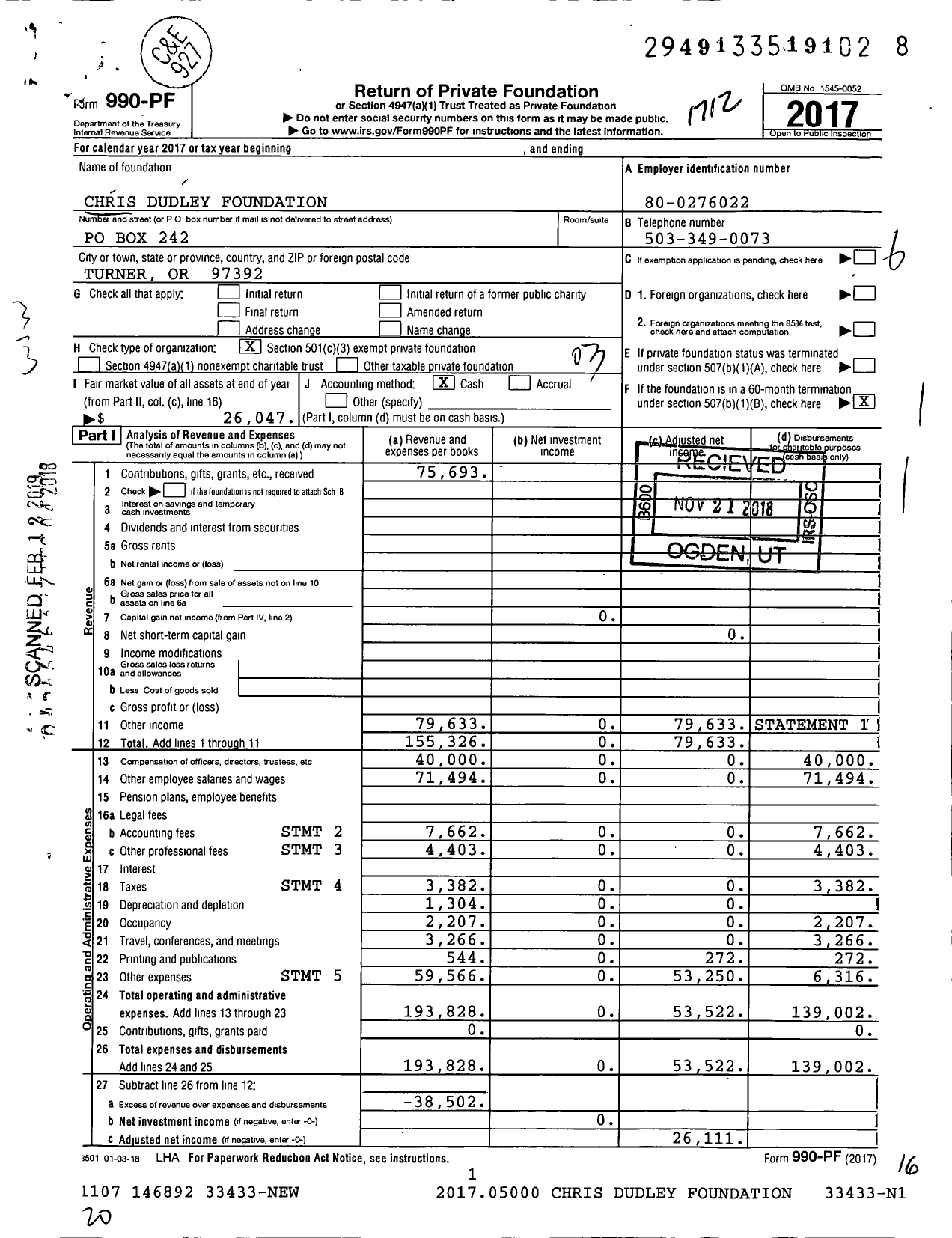 Image of first page of 2017 Form 990PF for Chris Dudley Foundation