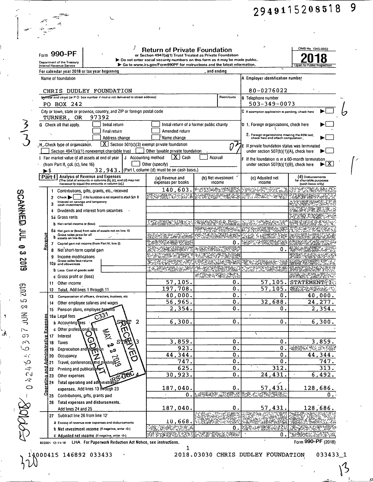 Image of first page of 2018 Form 990PF for Chris Dudley Foundation