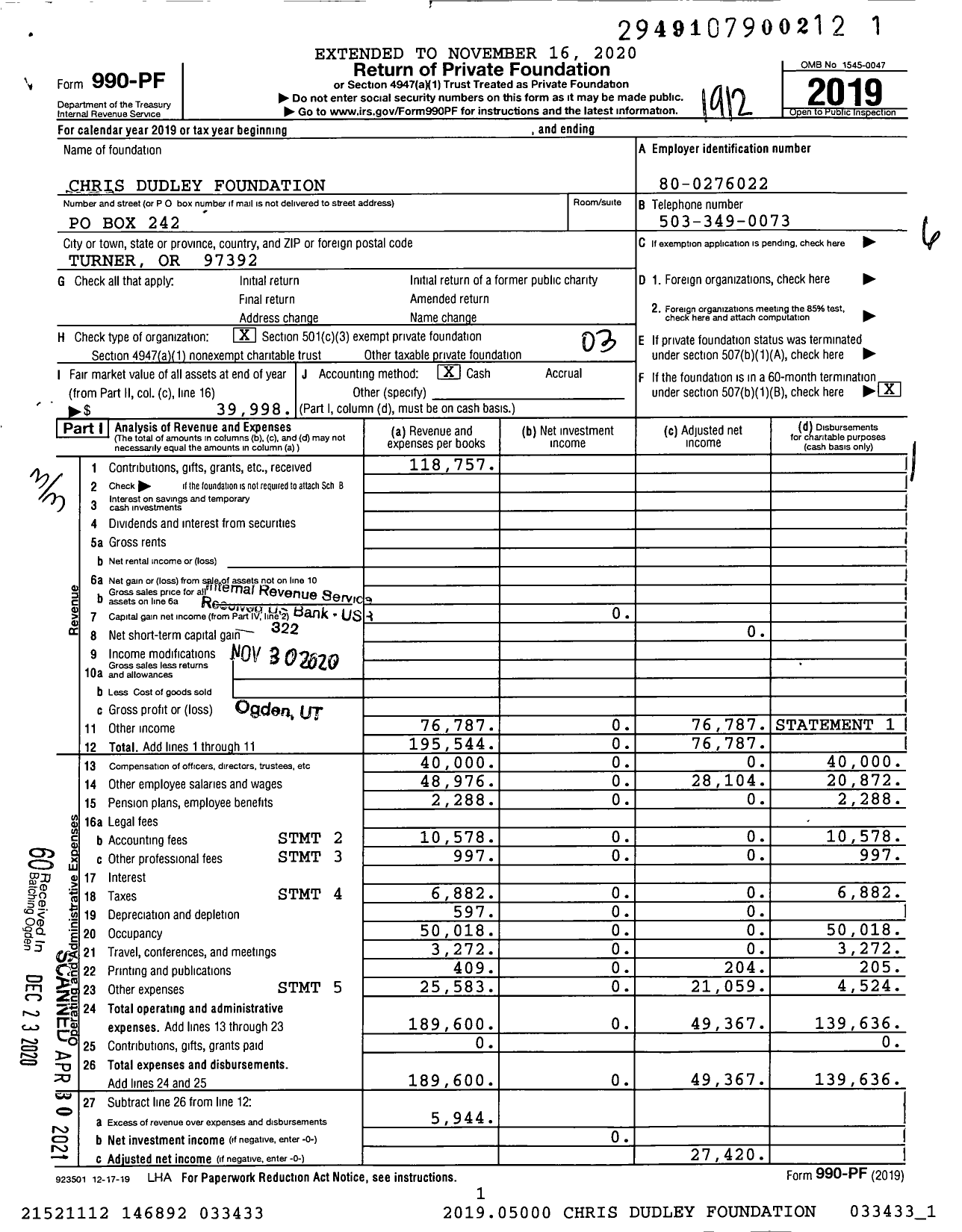 Image of first page of 2019 Form 990PF for Chris Dudley Foundation