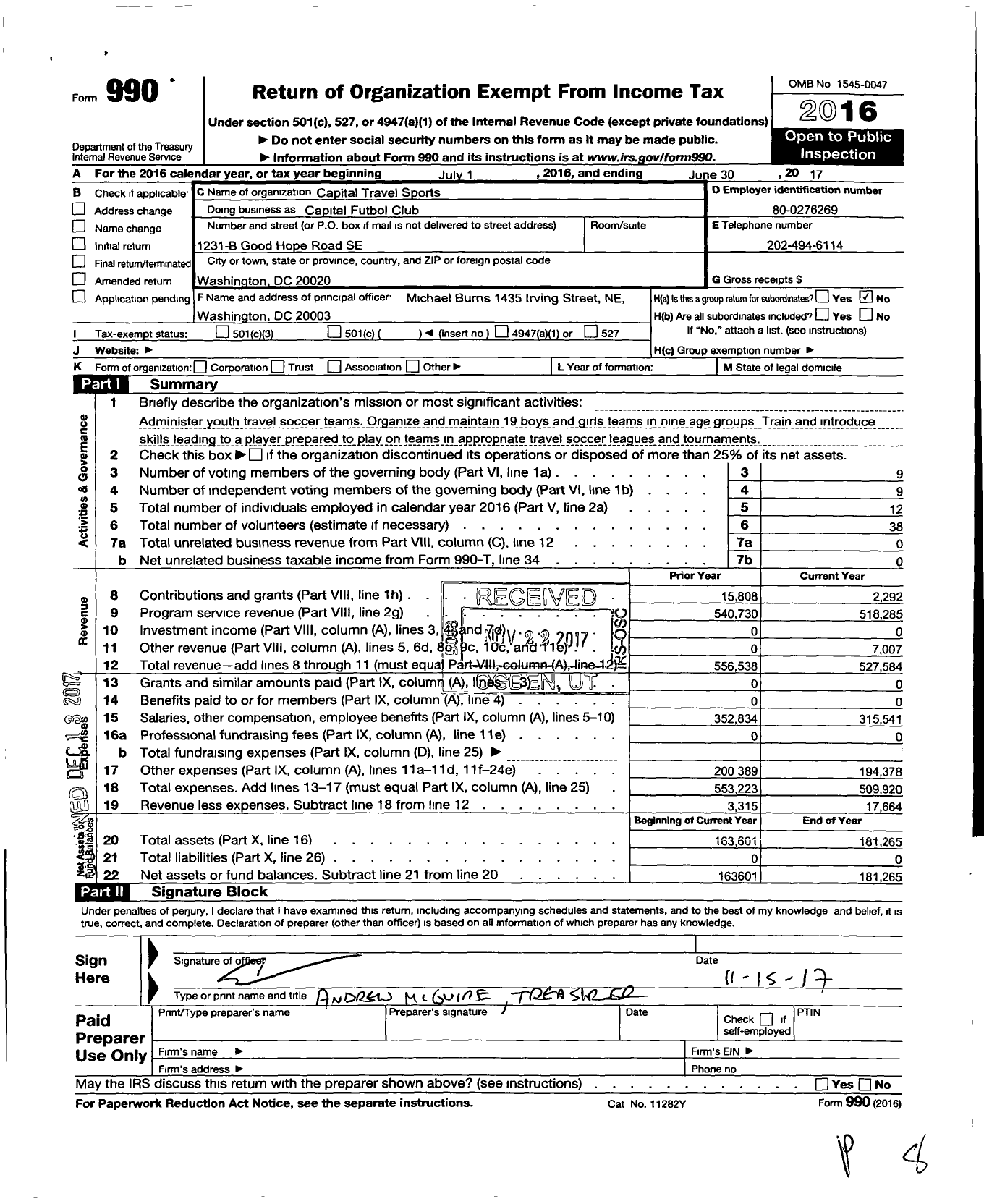 Image of first page of 2016 Form 990O for Washington Capital United