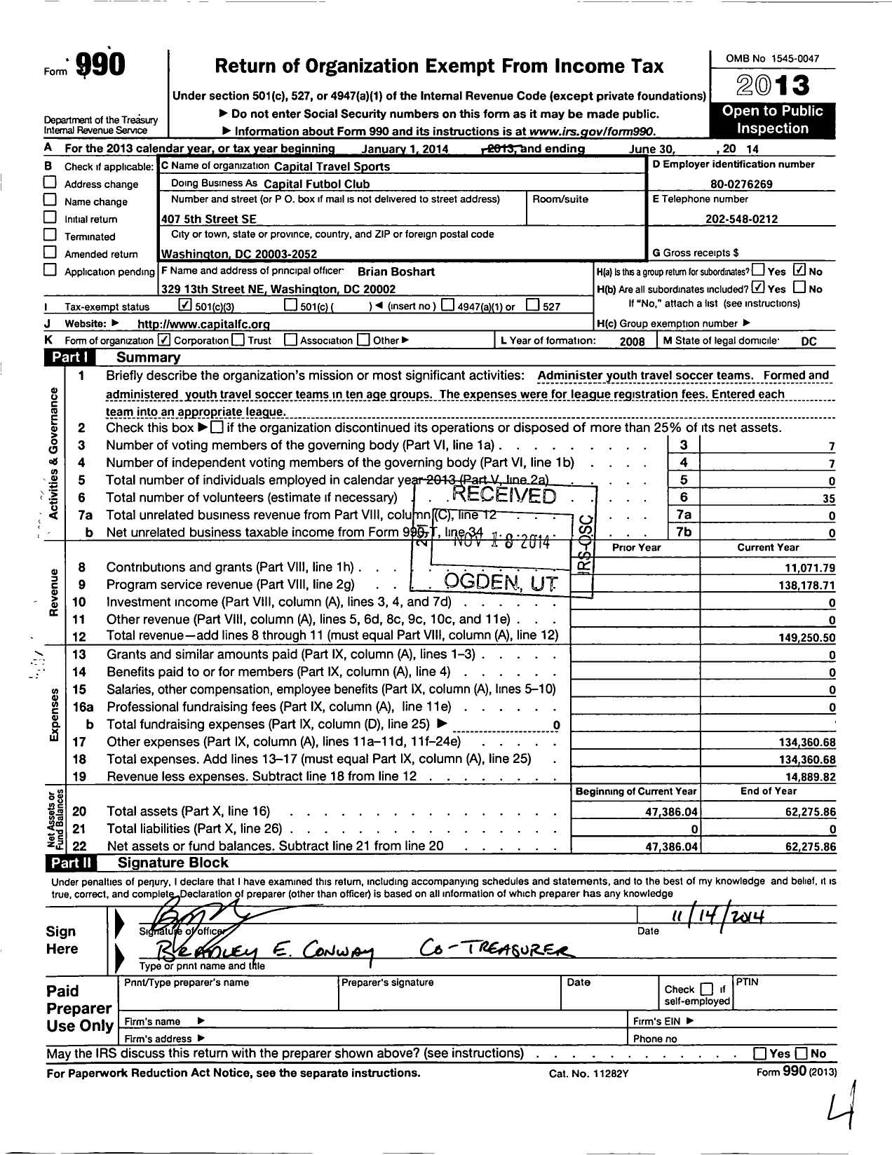 Image of first page of 2013 Form 990 for Washington Capital United