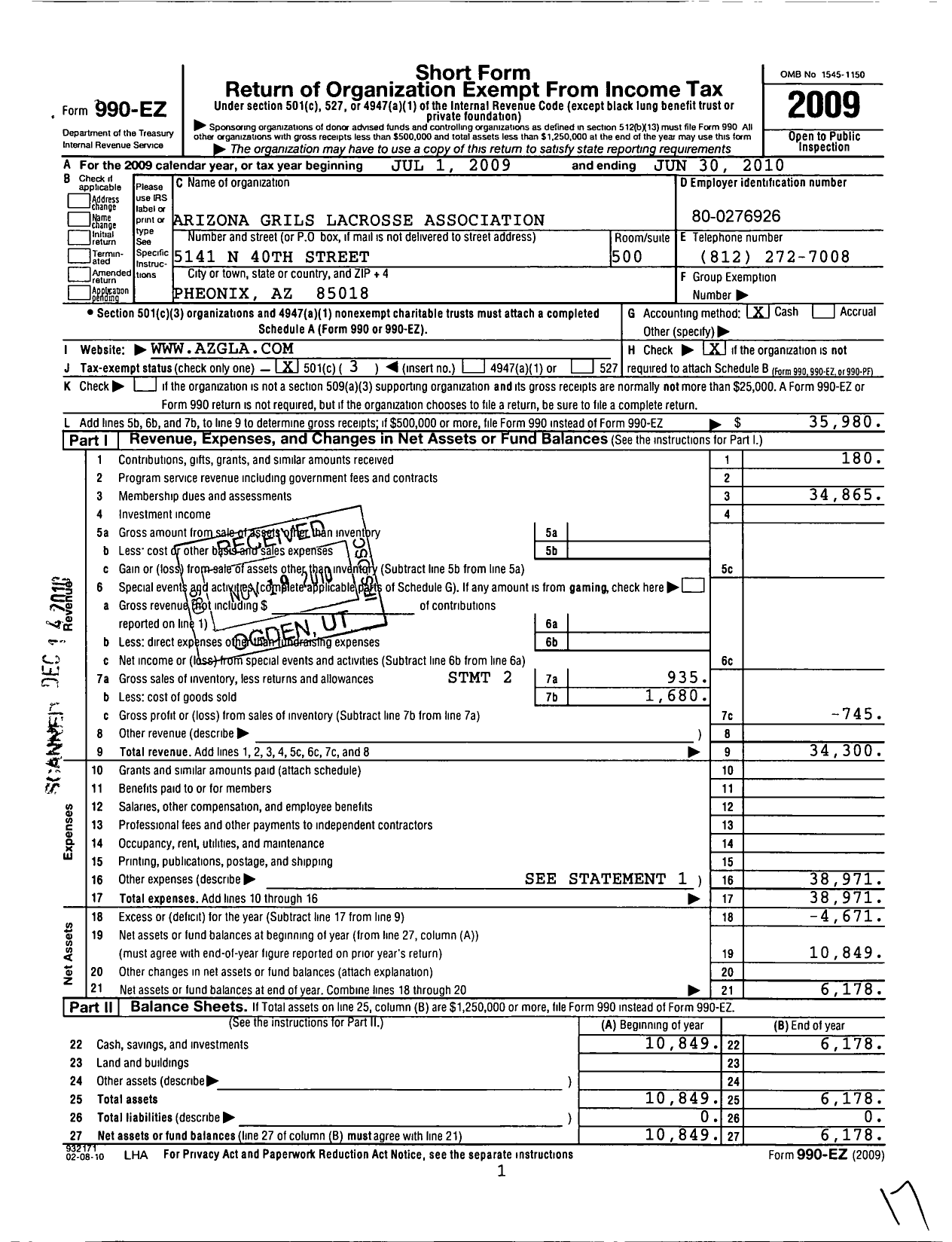 Image of first page of 2009 Form 990EZ for Arizona Girls Lacrosse Association